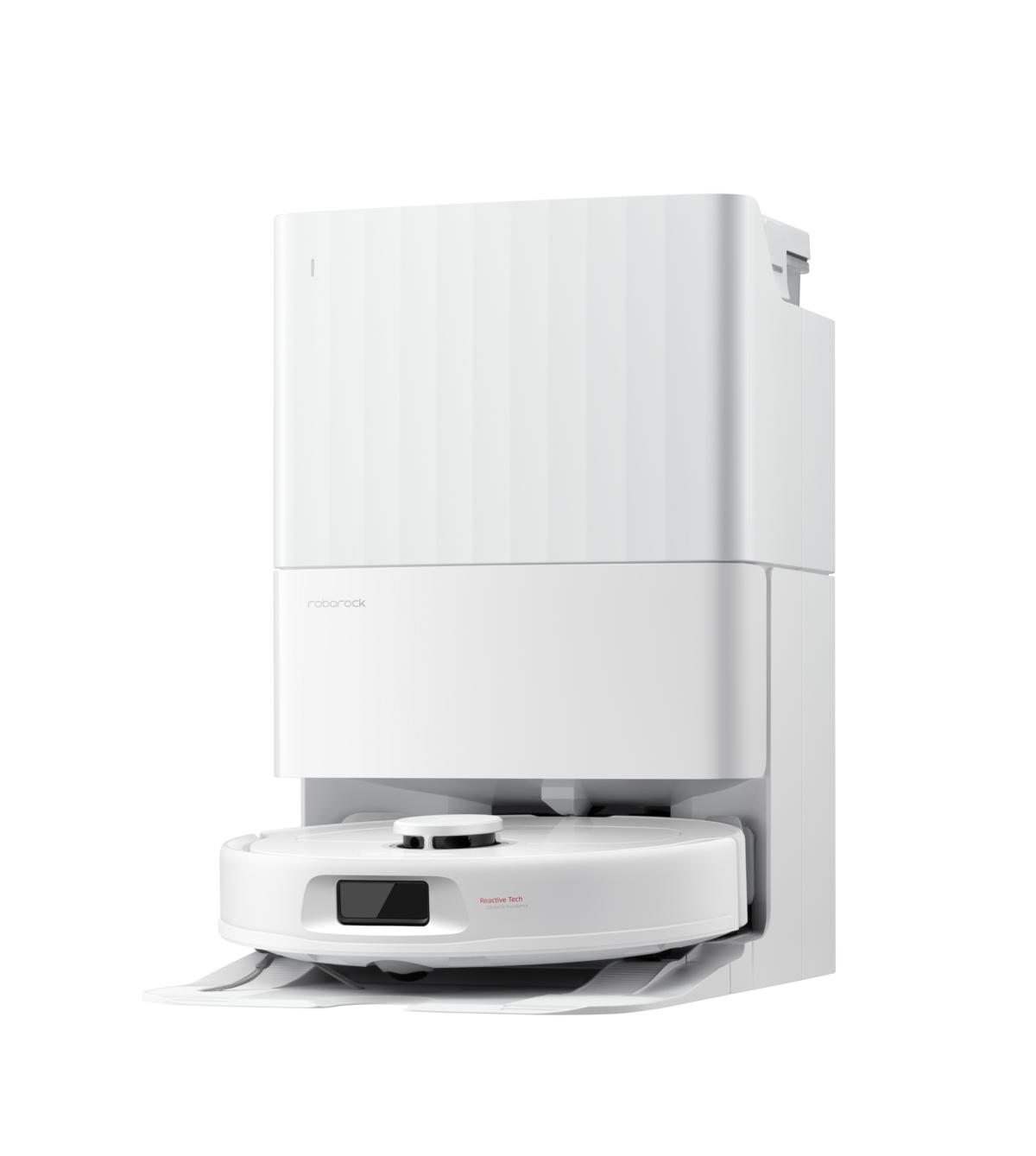 White robotic vacuum cleaner with a docking station, labeled 'Reactive Tech'. The design is modern and clean, set against a white background.
