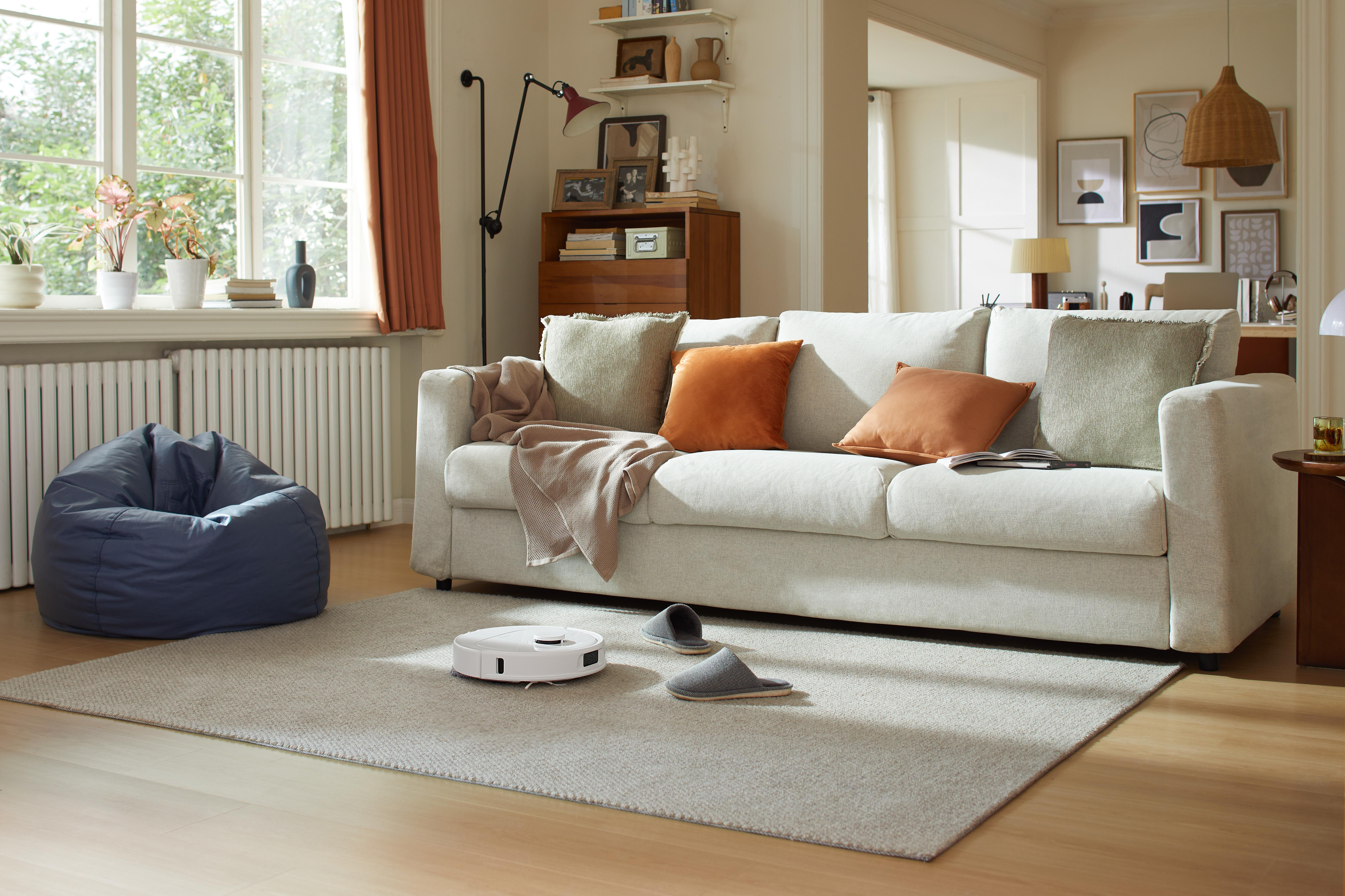 Living room scene with a sofa, beanbag, window, robot vacuum, and slippers on the rug.