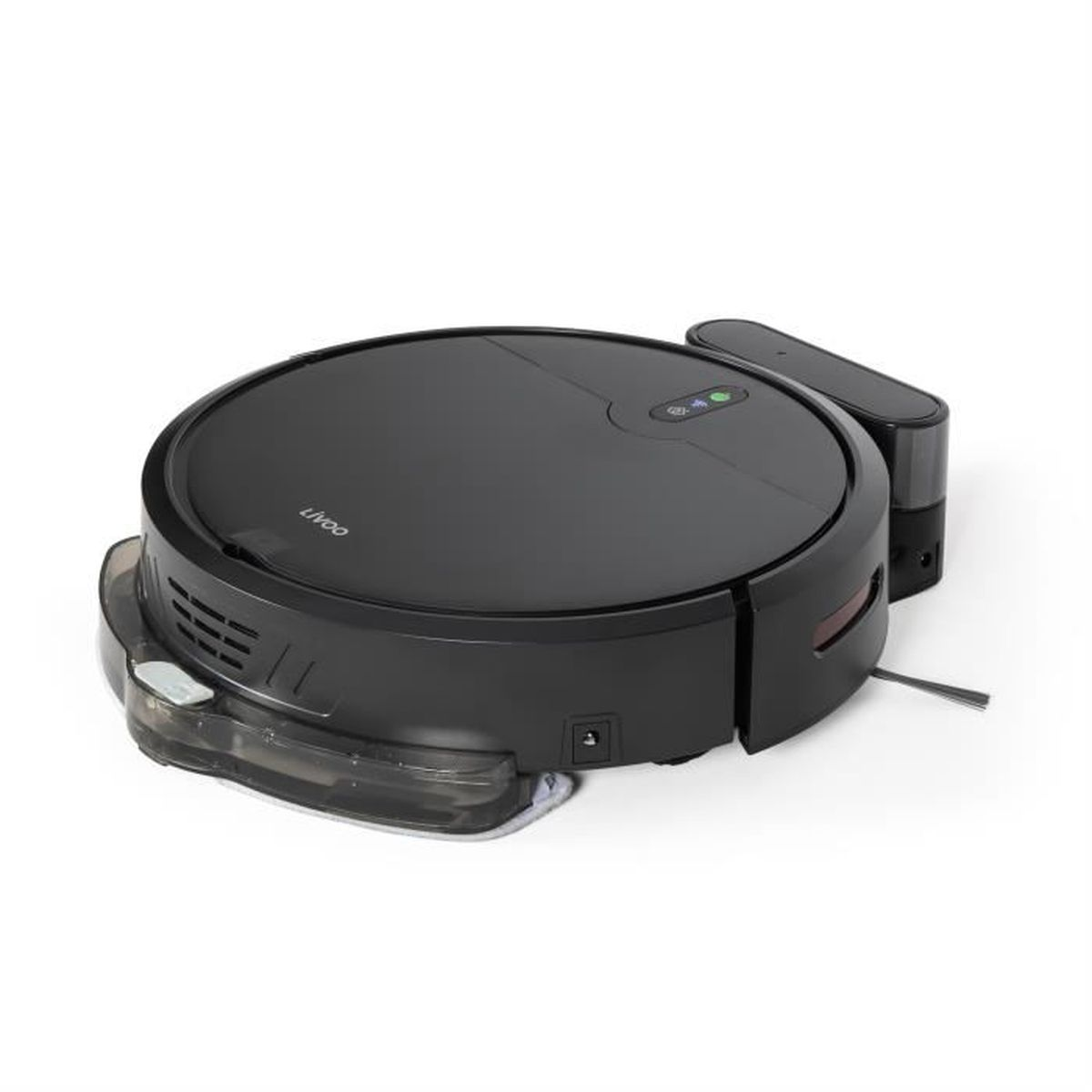 Ein schwarzer Roboter-Staubsauger mit Ladestation auf weißem Untergrund. Er hat ein rundes Design und einen transparenten Staubbehälter.