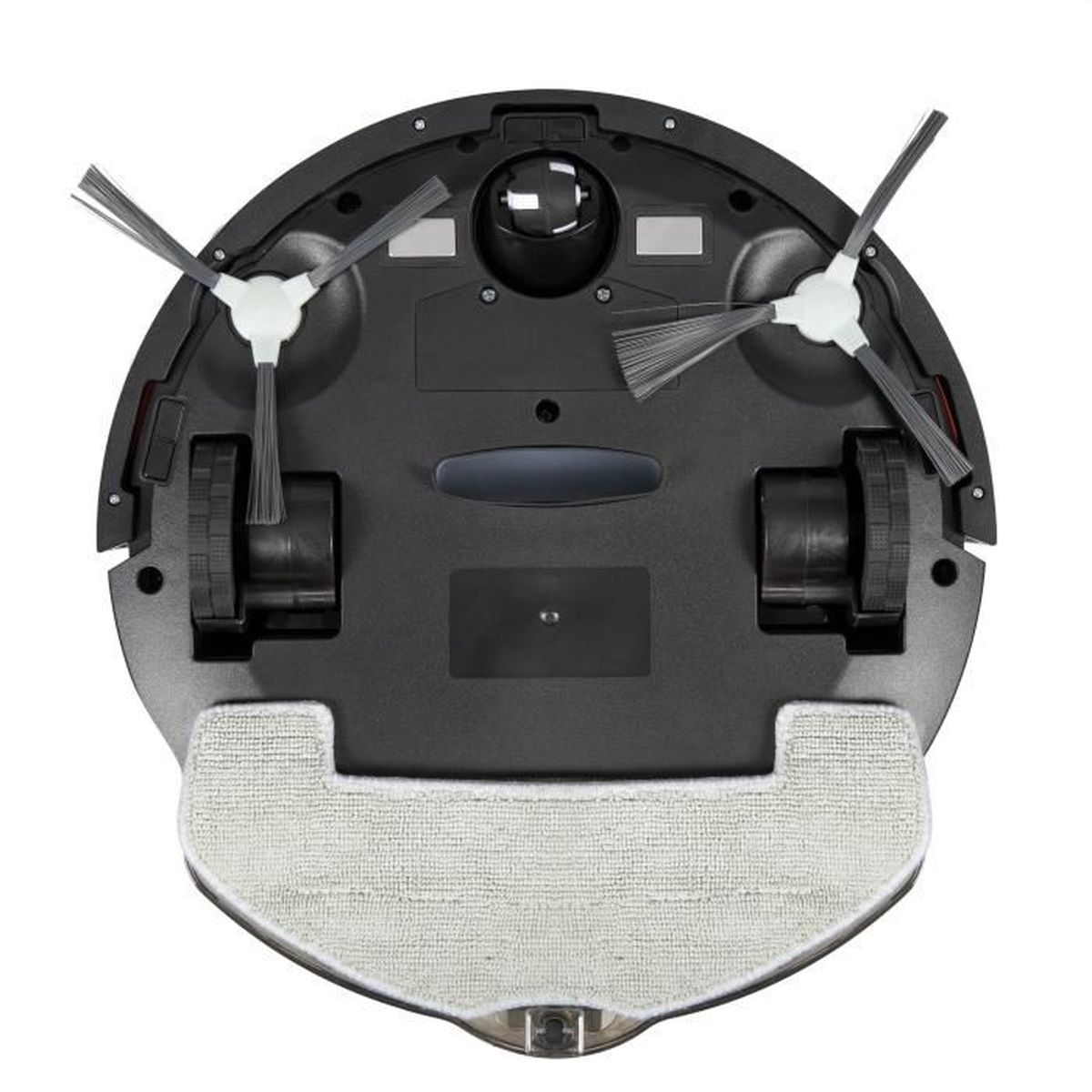 Schwarze Roboter-Staubsauger-Unterseite. Merkmale sind Bürsten, Räder, ein Reinigungspad und Sensoren.