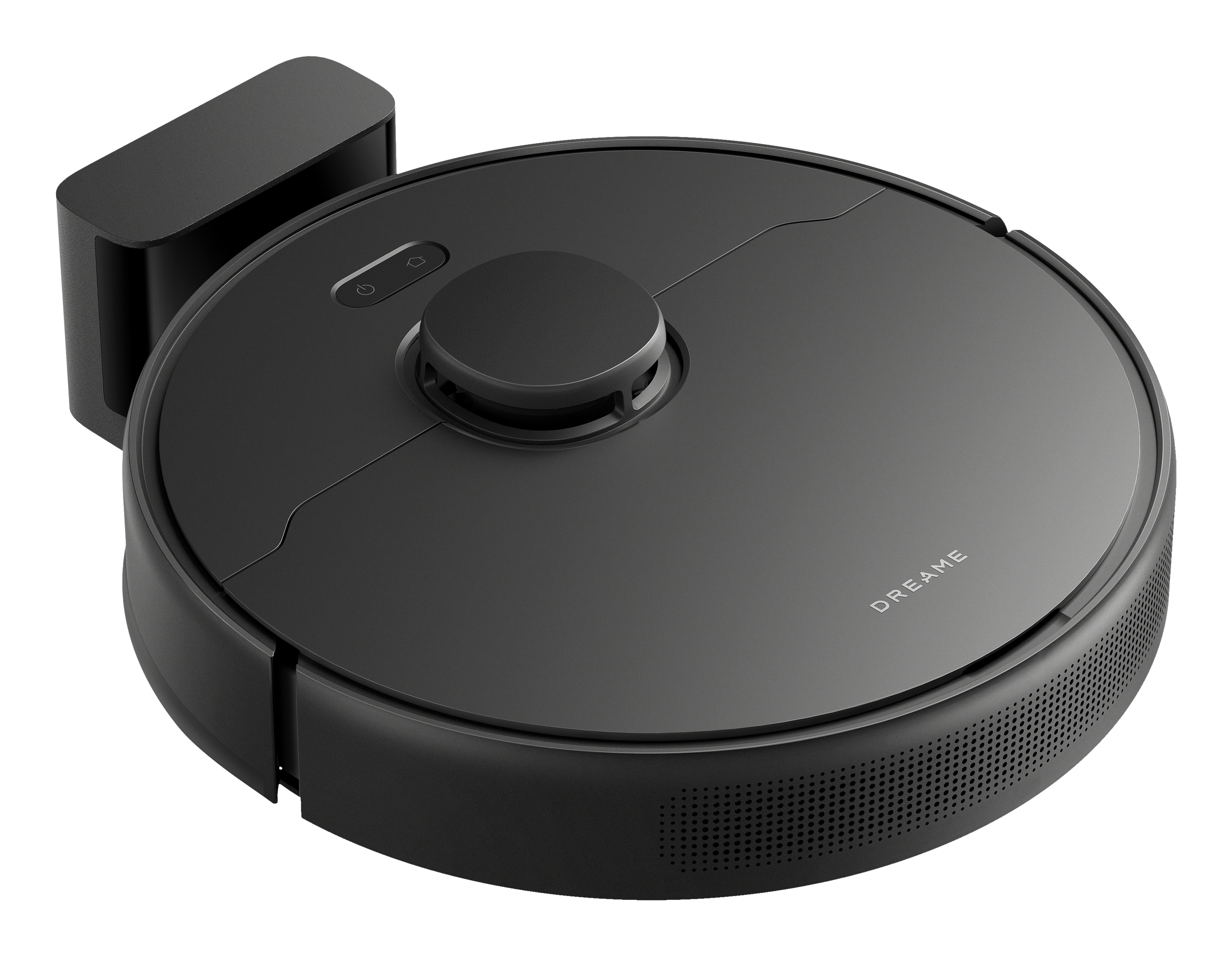 Czarny robot sprzątający z stacją ładującą. Ma okrągły korpus, przyciski i napis DREAME.