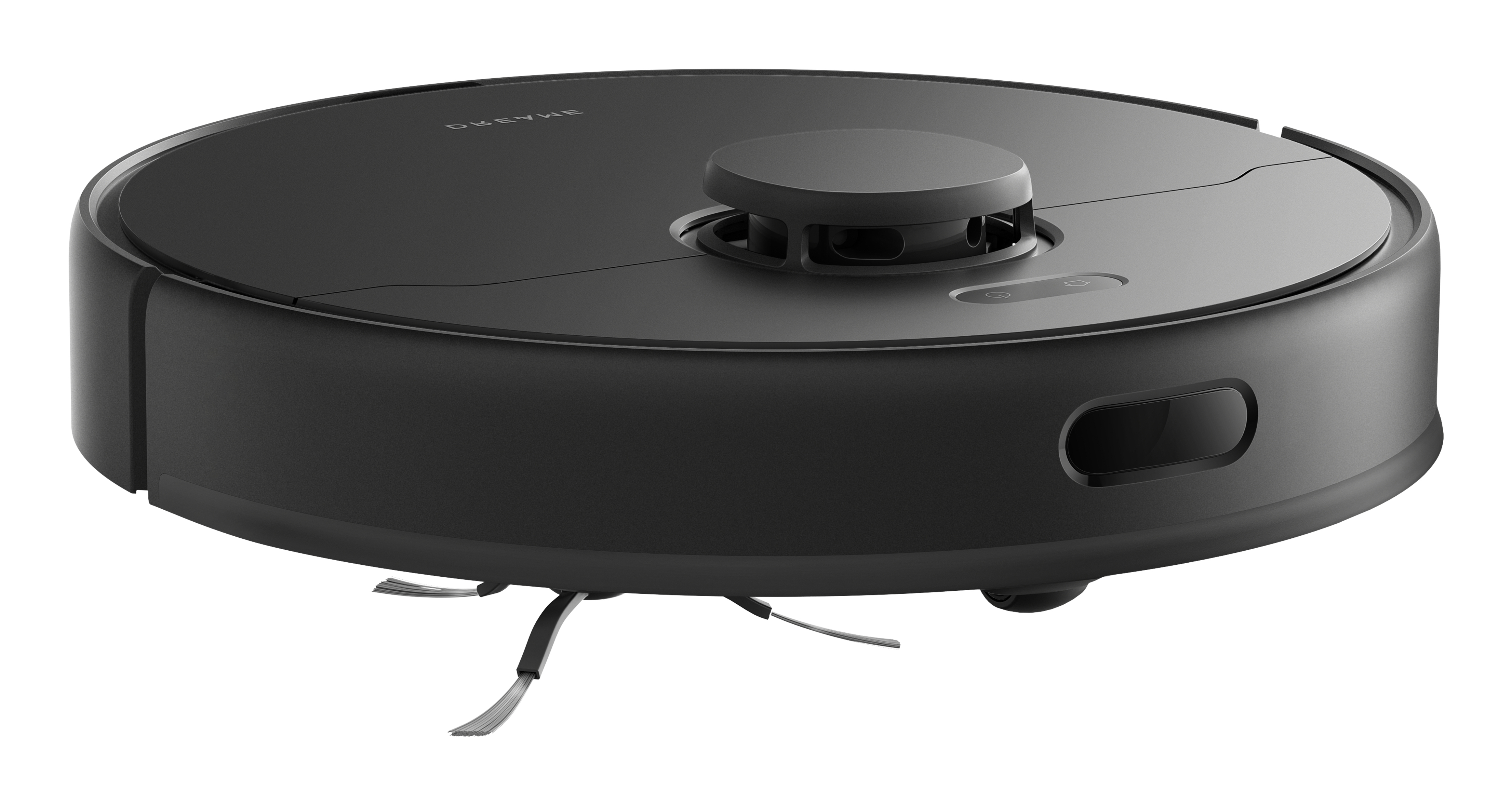 Czarny, okrągły robot sprzątający z centralnym czujnikiem i szczotkami bocznymi na białym tle.