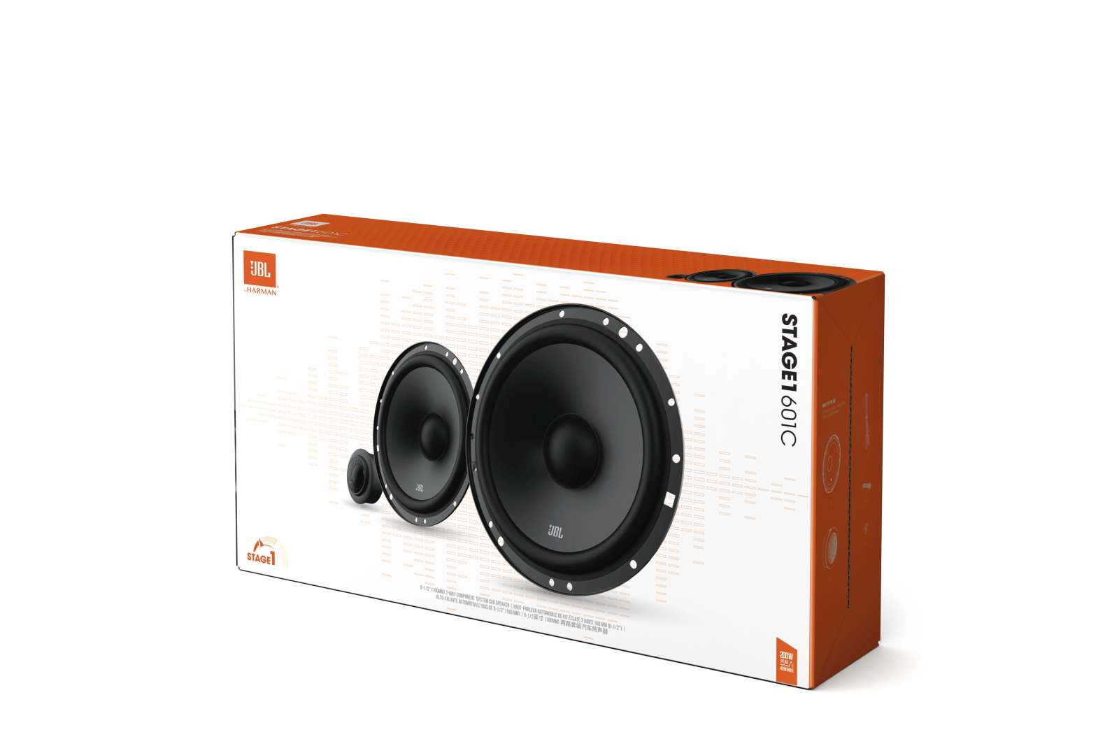 JBL Stage1 601C luidsprekerbox. Bevat twee grote en één kleine zwarte luidspreker. Witte doos met oranje accenten en JBL logo.