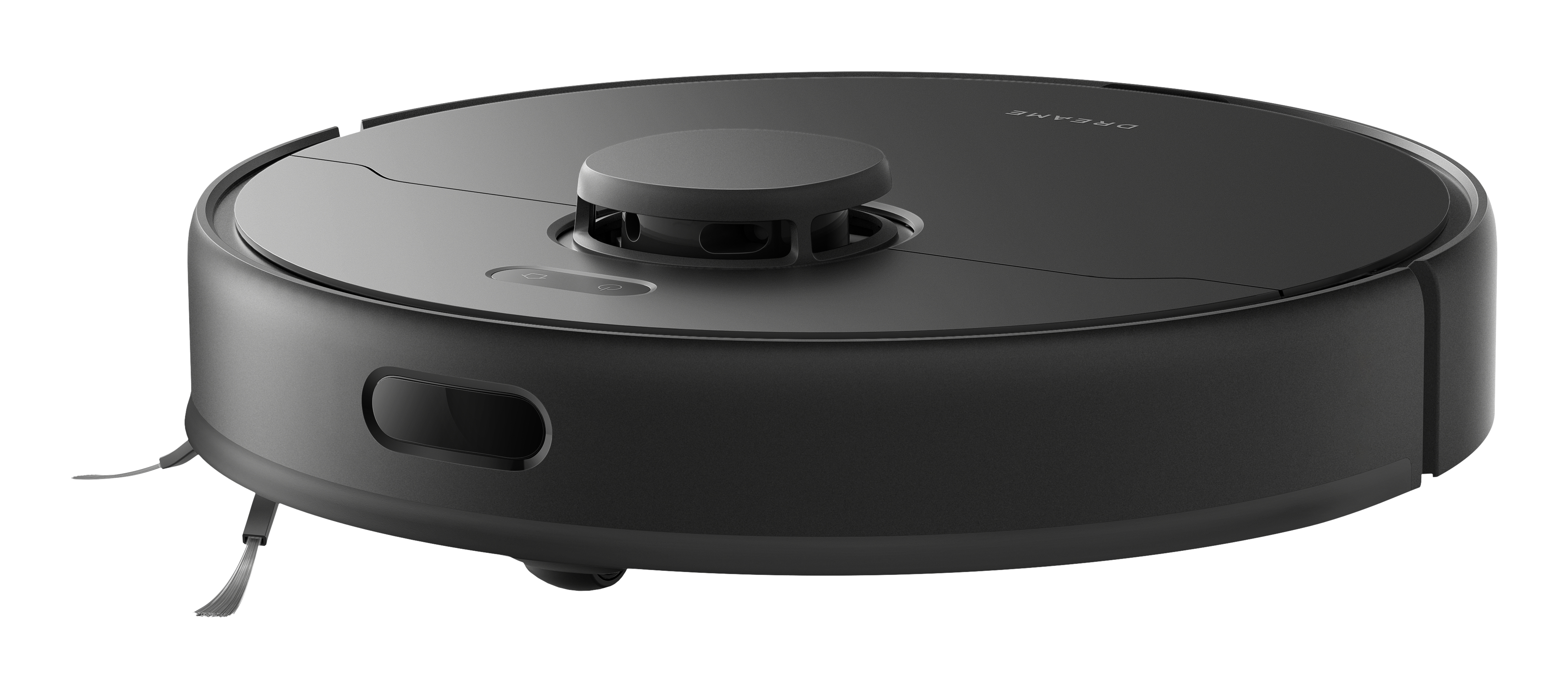 Czarny, okrągły odkurzacz automatyczny z centralnym czujnikiem i szczotkami bocznymi. Nazwa marki DREAME jest widoczna u góry.