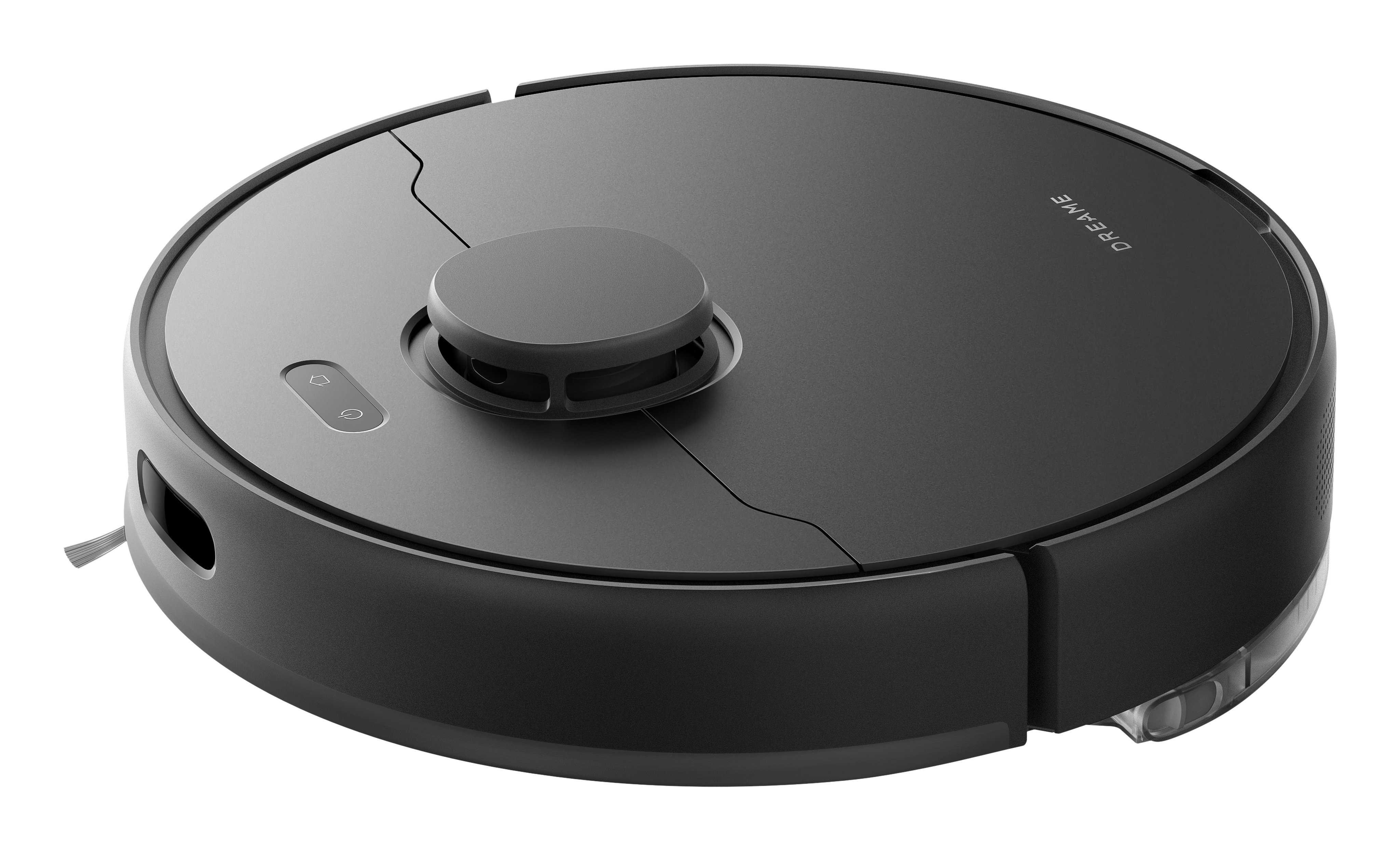 Czarny i szary robot sprzątający o okrągłym kształcie. Posiada przyciski, centralny czujnik i nazwę marki.