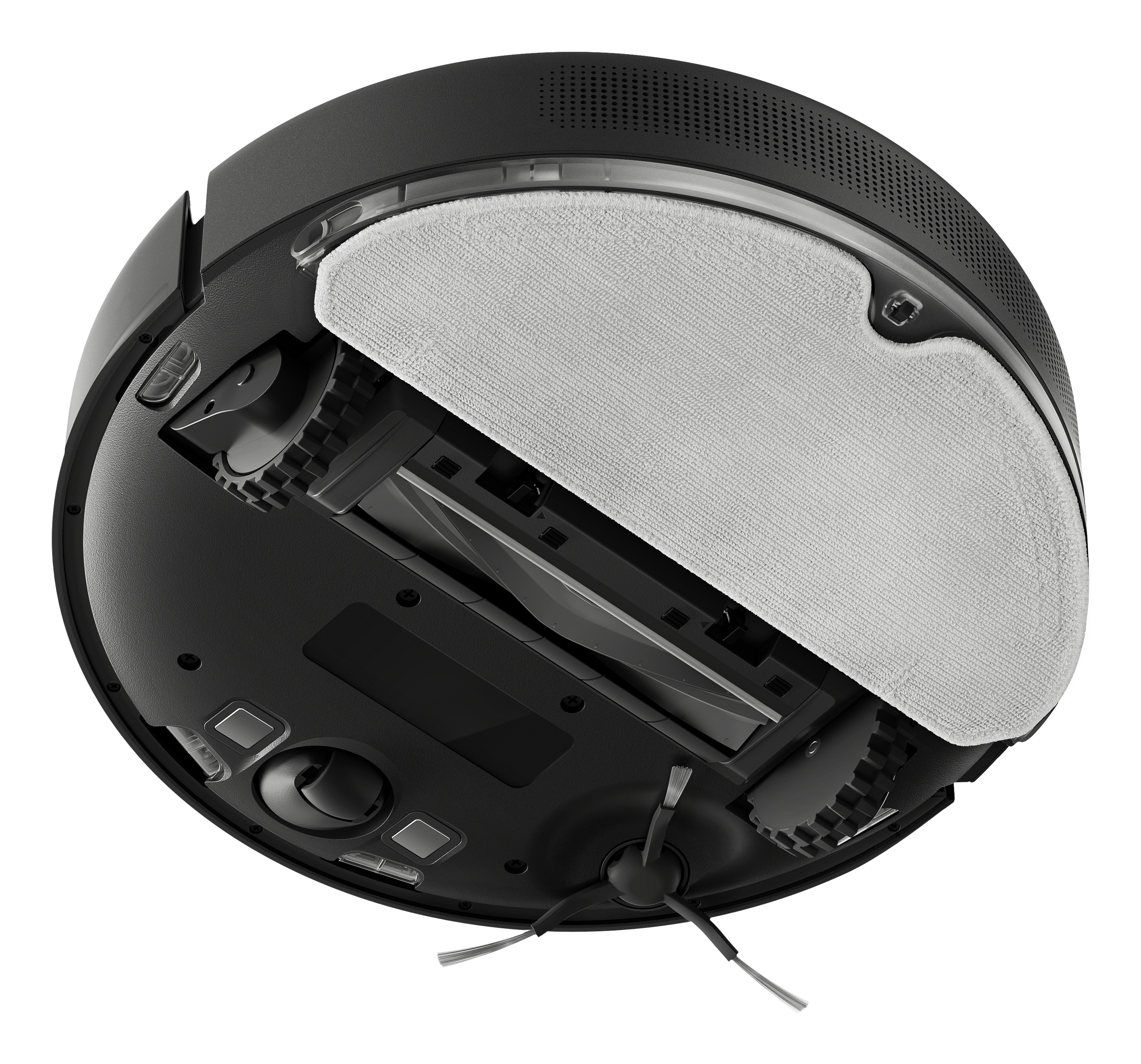 Czarny odkurzacz automatyczny, widok od spodu. Zawiera koła, szczotkę i szarą nakładkę do mopowania.