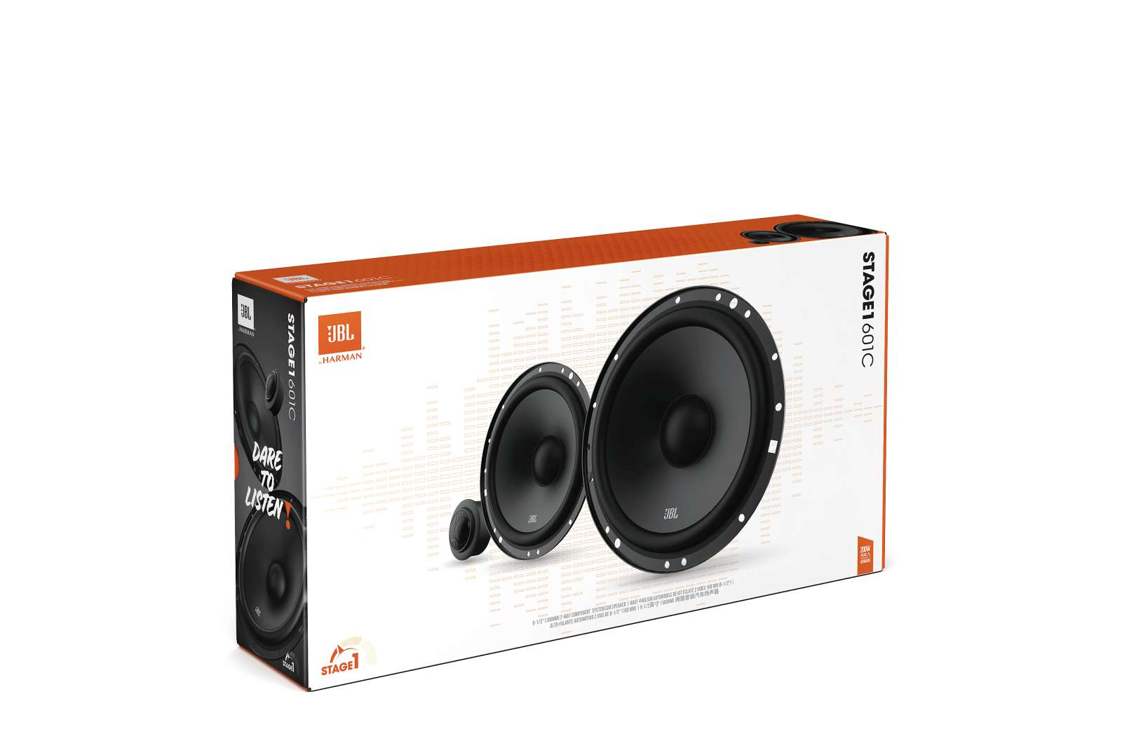 JBL Stage 1601C autospeakers in een doos. De doos is oranje en wit. De speakers zijn zwart.