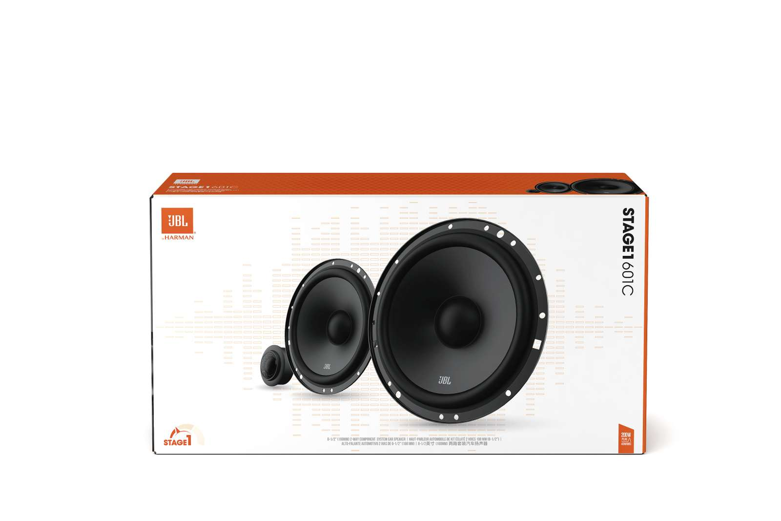 JBL Stage1 601C autoluidsprekerbox. Twee grote luidsprekers, een kleine luidspreker en het JBL-logo zijn zichtbaar.