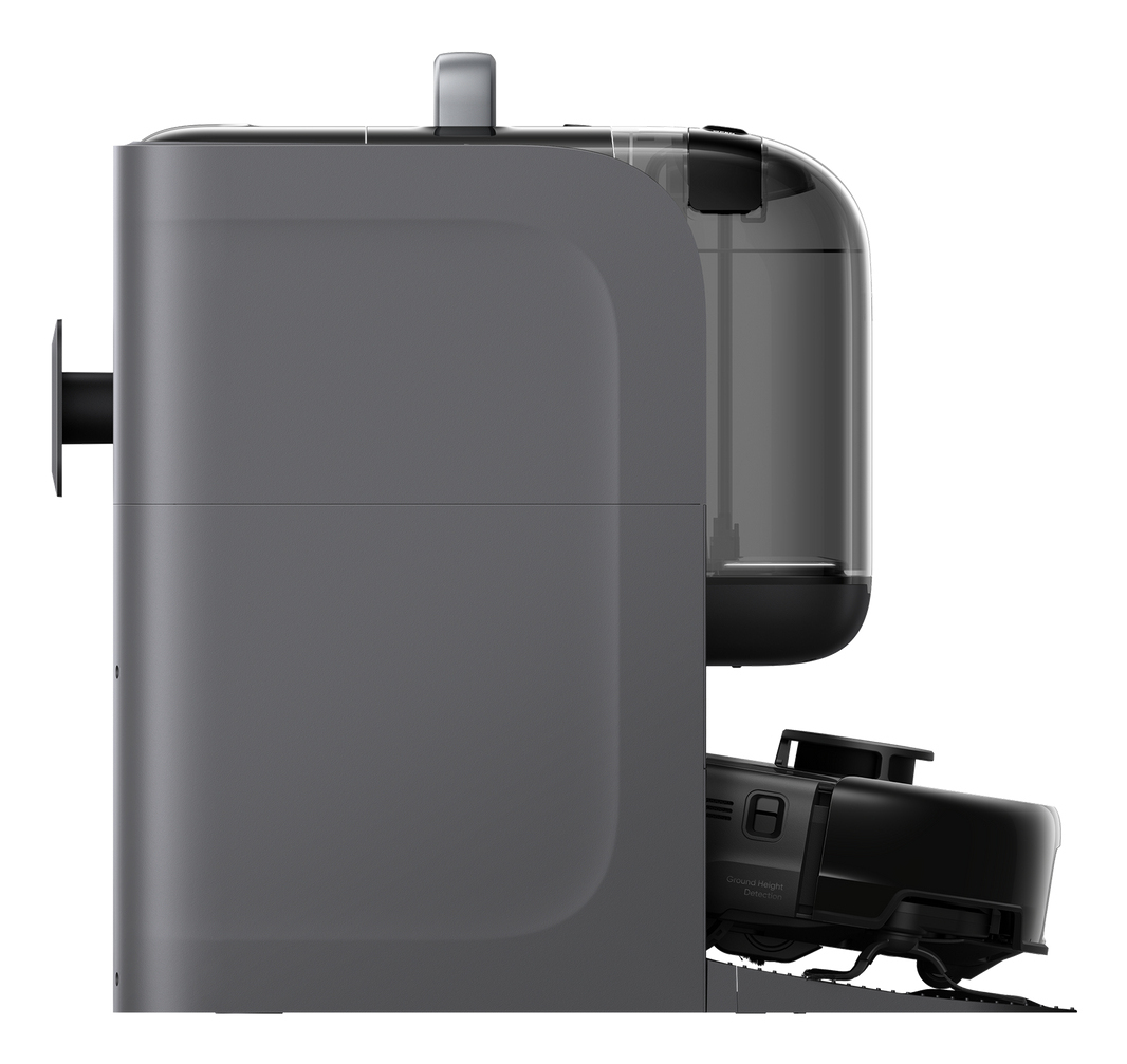 Szaro-czarny robot odkurzający. Ma zbiornik na wodę i stację ładującą. Design jest nowoczesny i czysty.