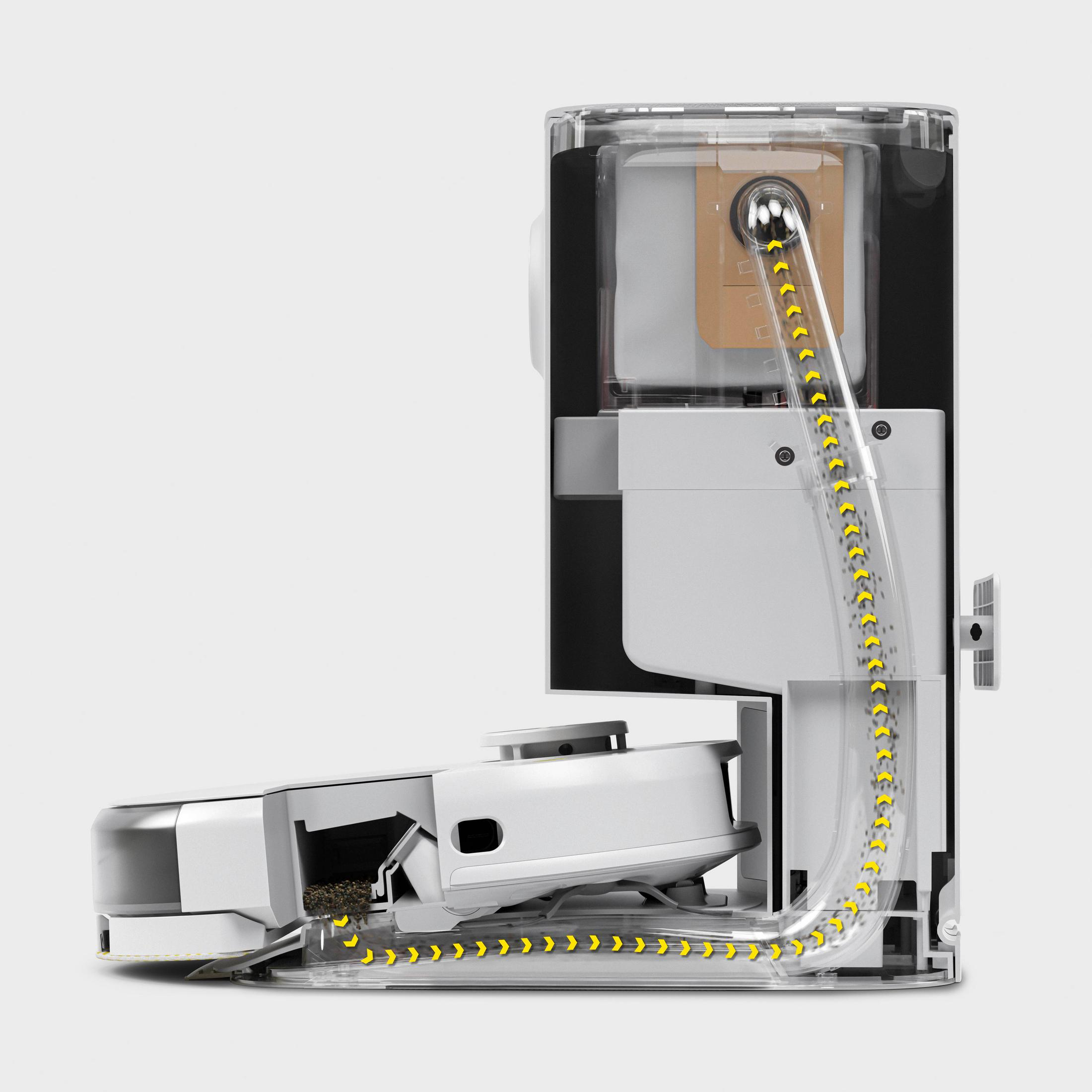 Przekrój białego robota odkurzającego pokazujący części wewnętrzne. Pył przemieszcza się żółtą ścieżką do worka.