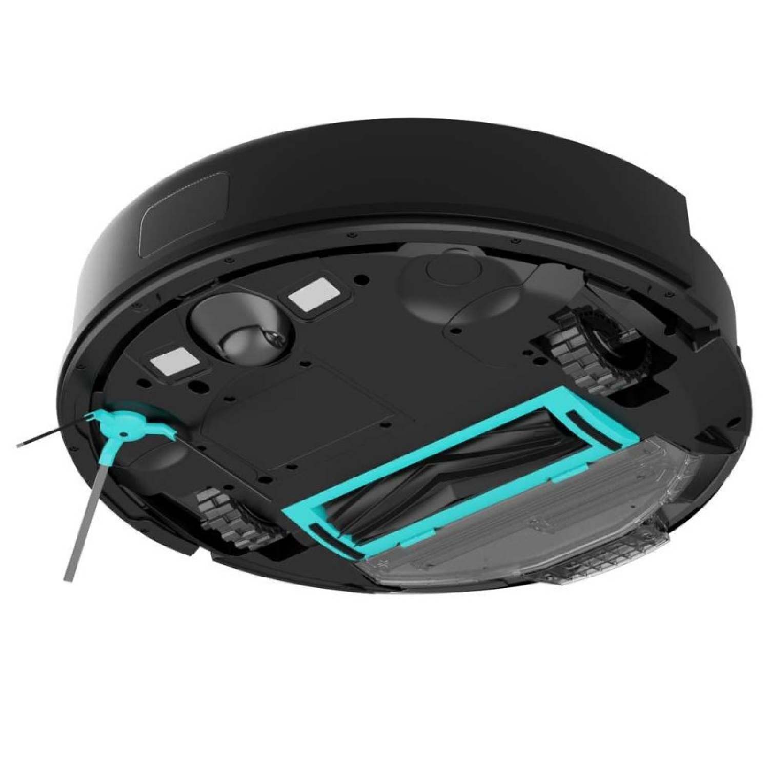 Parte inferior de una aspiradora robot negra. Tiene un cepillo azul, dos ruedas y un cepillo lateral azul. El fondo es blanco.