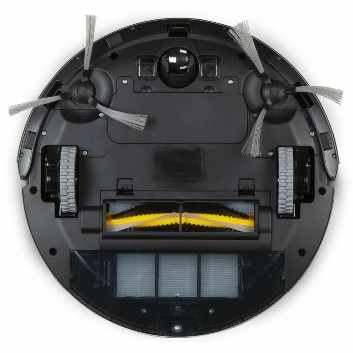 Schwarzer Roboter-Staubsauger von unten. Merkmale sind Bürsten, Räder und ein Staubbehälter. Gelbe und graue Elemente sind ebenfalls sichtbar.