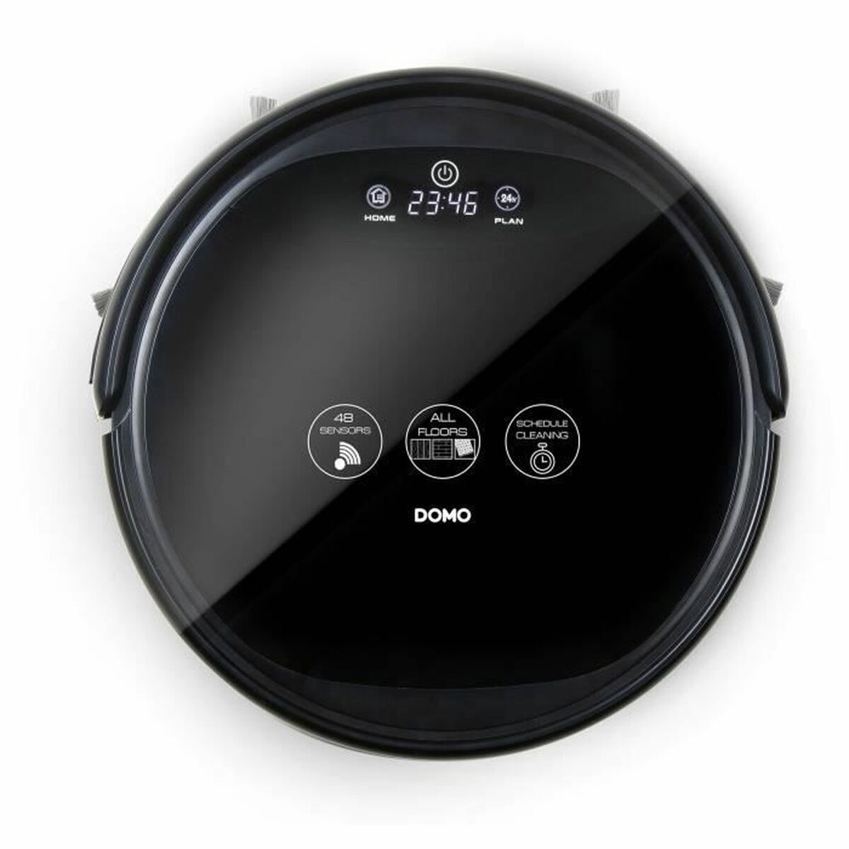 Schwarzer runder Roboter-Staubsauger. Zeigt: Zeit, Zuhause, Plan, alle Böden, Reinigungsplan und 48 Sensoren. Markenname: DOMO.
