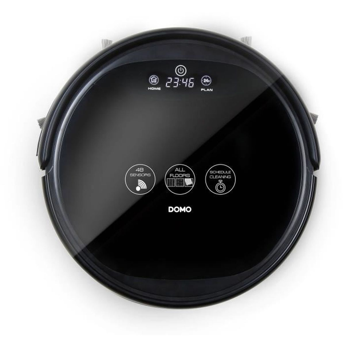 Ein schwarzer Roboter-Staubsauger der Marke DOMO mit Zeitanzeige. Symbole für Sensoren, Böden und Zeitplan sind sichtbar.