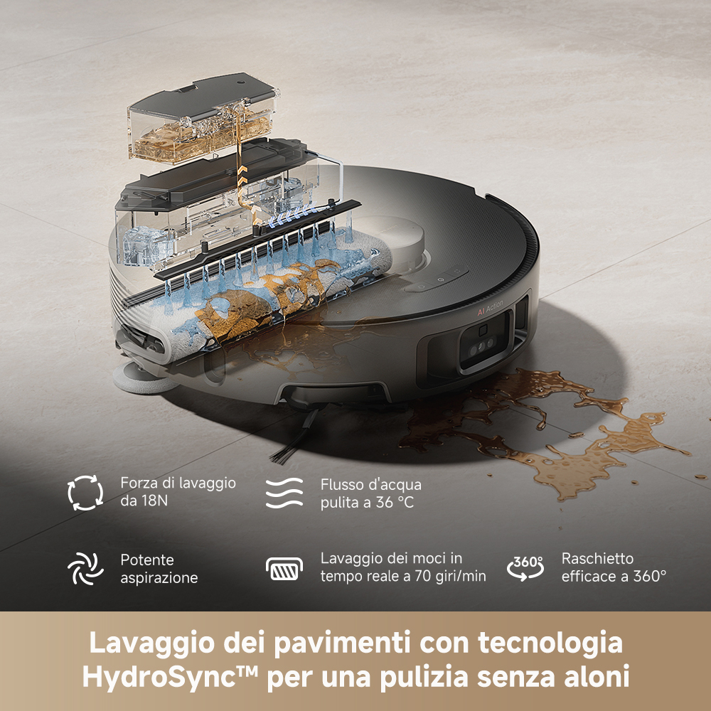 Robot odkurzający pokazujący swoje wewnętrzne komponenty. Ma głowicę czyszczącą i zbiornik na wodę. Etykiety tekstowe podkreślają jego funkcje.