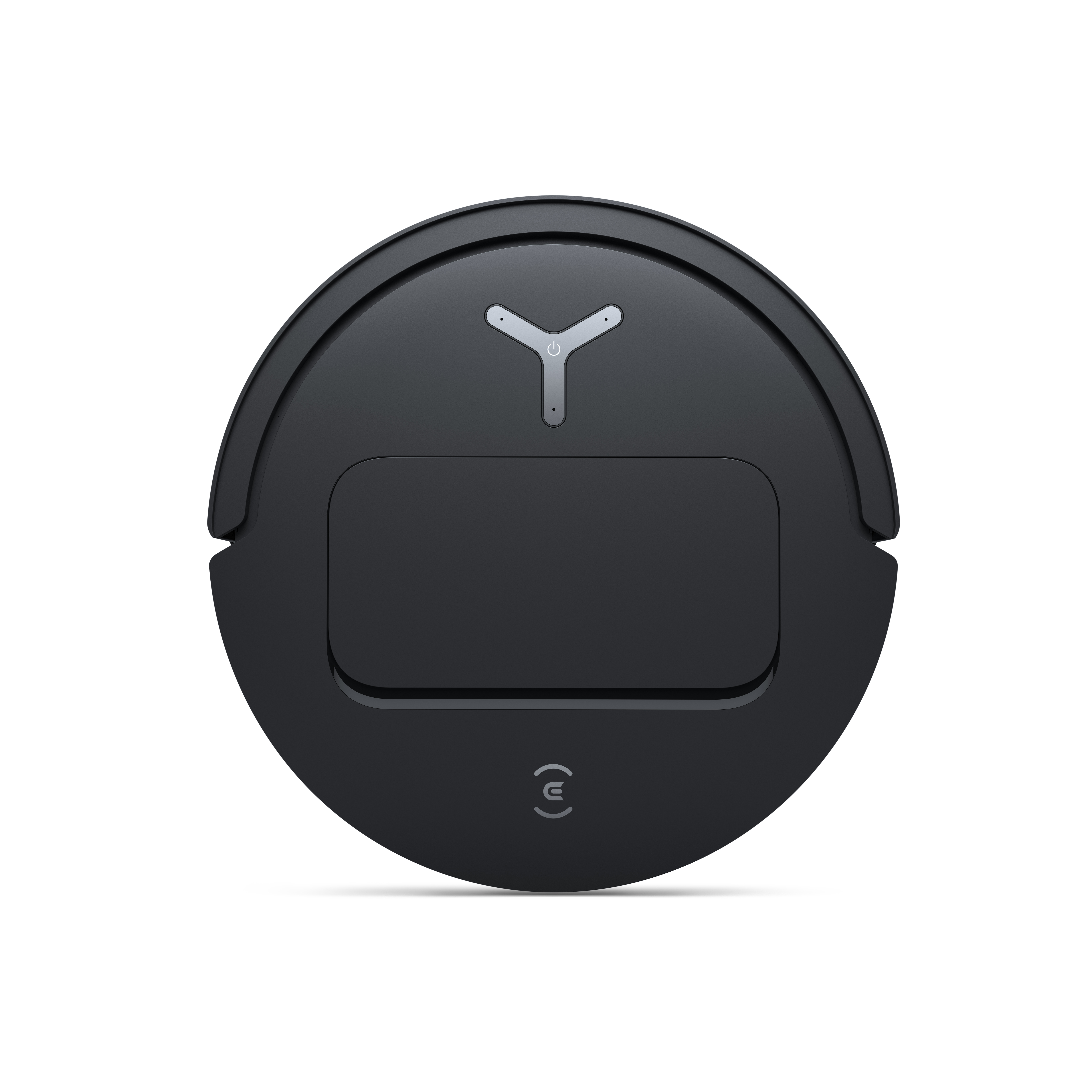 Ein schwarzer, kreisförmiger Roboter-Staubsauger. Er hat einen Ein- und Ausschalter und ein Logo. Der Hintergrund ist weiß.