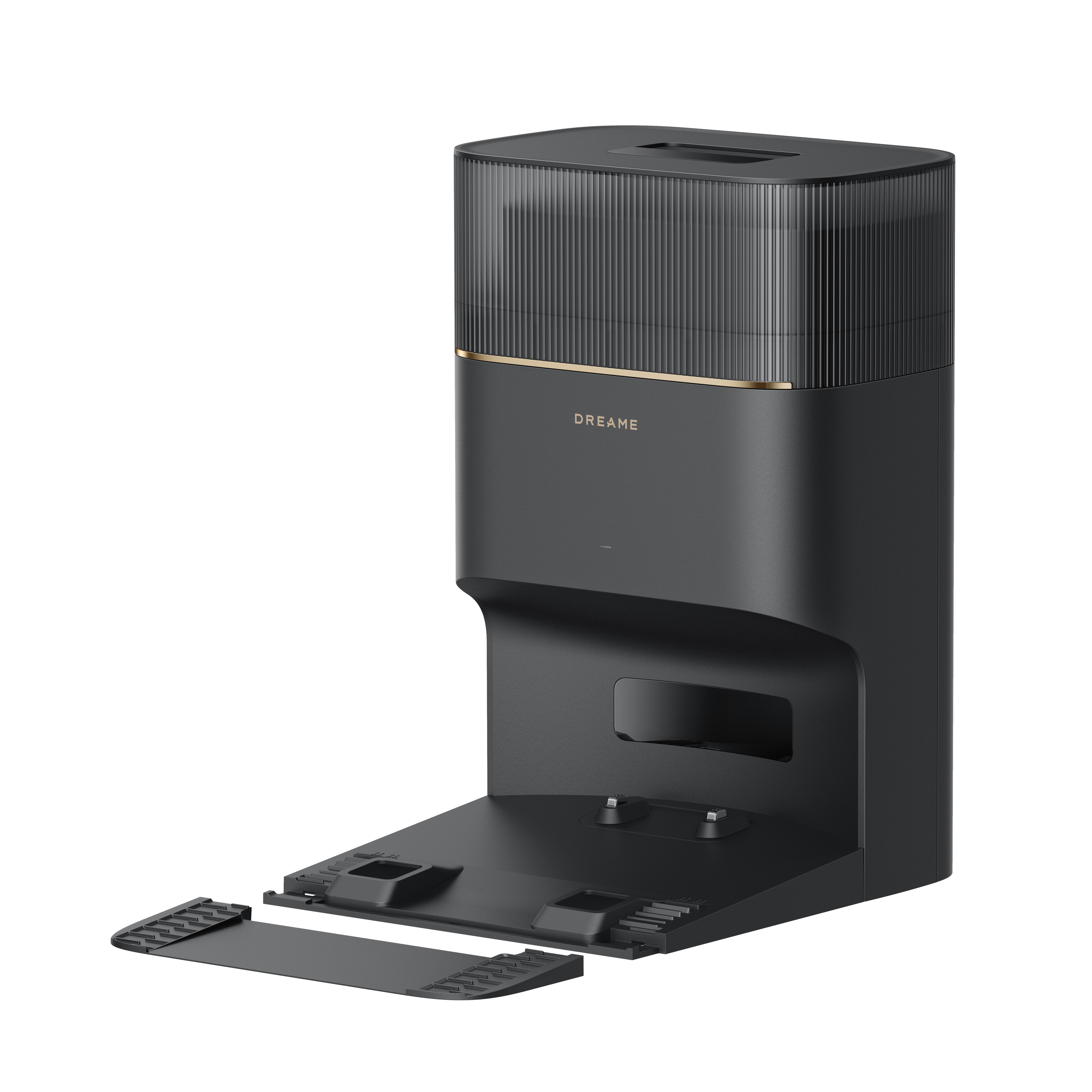 Szara stacja robota odkurzającego Dreame. Ma górną część z pionowymi liniami, podstawę i zdejmowaną rampę.