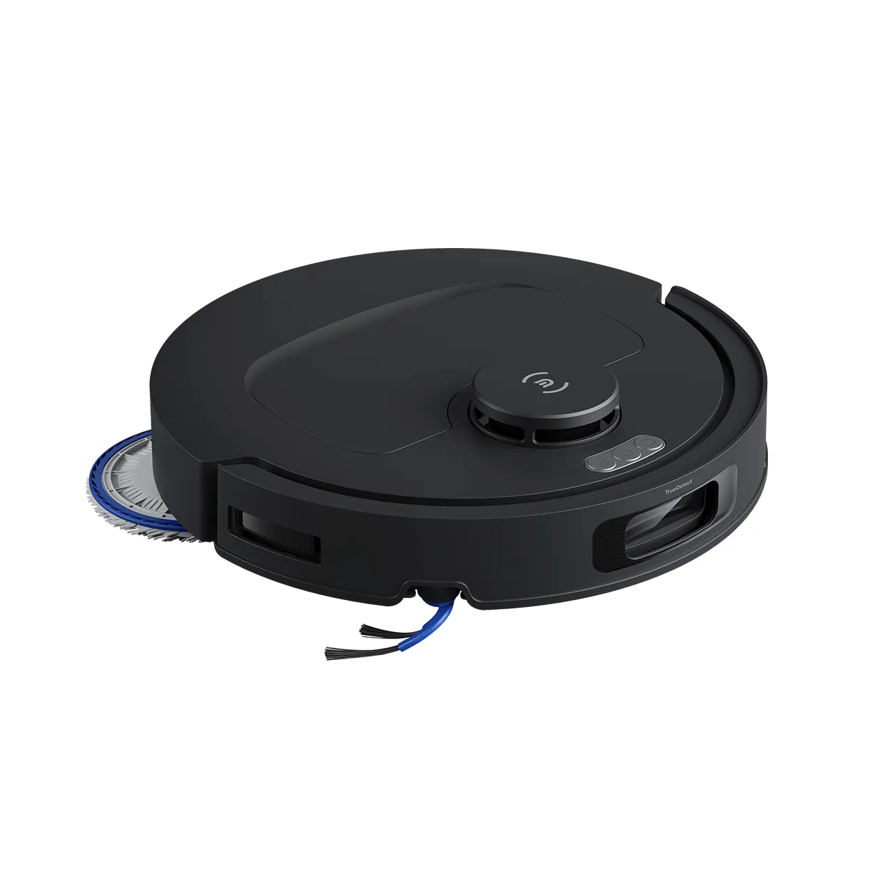Ein schwarzer, runder Roboter-Staubsauger. Er hat eine kleine Oberseite mit Logo und eine rotierende Bürste mit blauen Borsten.