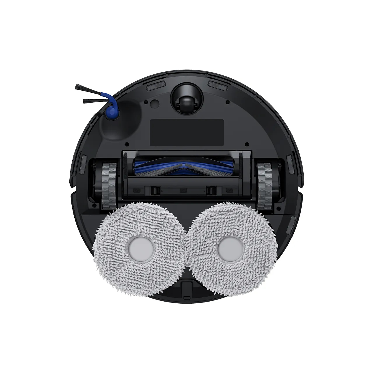 Draufsicht auf einen schwarzen Roboter-Staubsauger. Er hat zwei runde, graue Reinigungspads, blaue Bürsten und zwei Räder. Weißer Hintergrund.