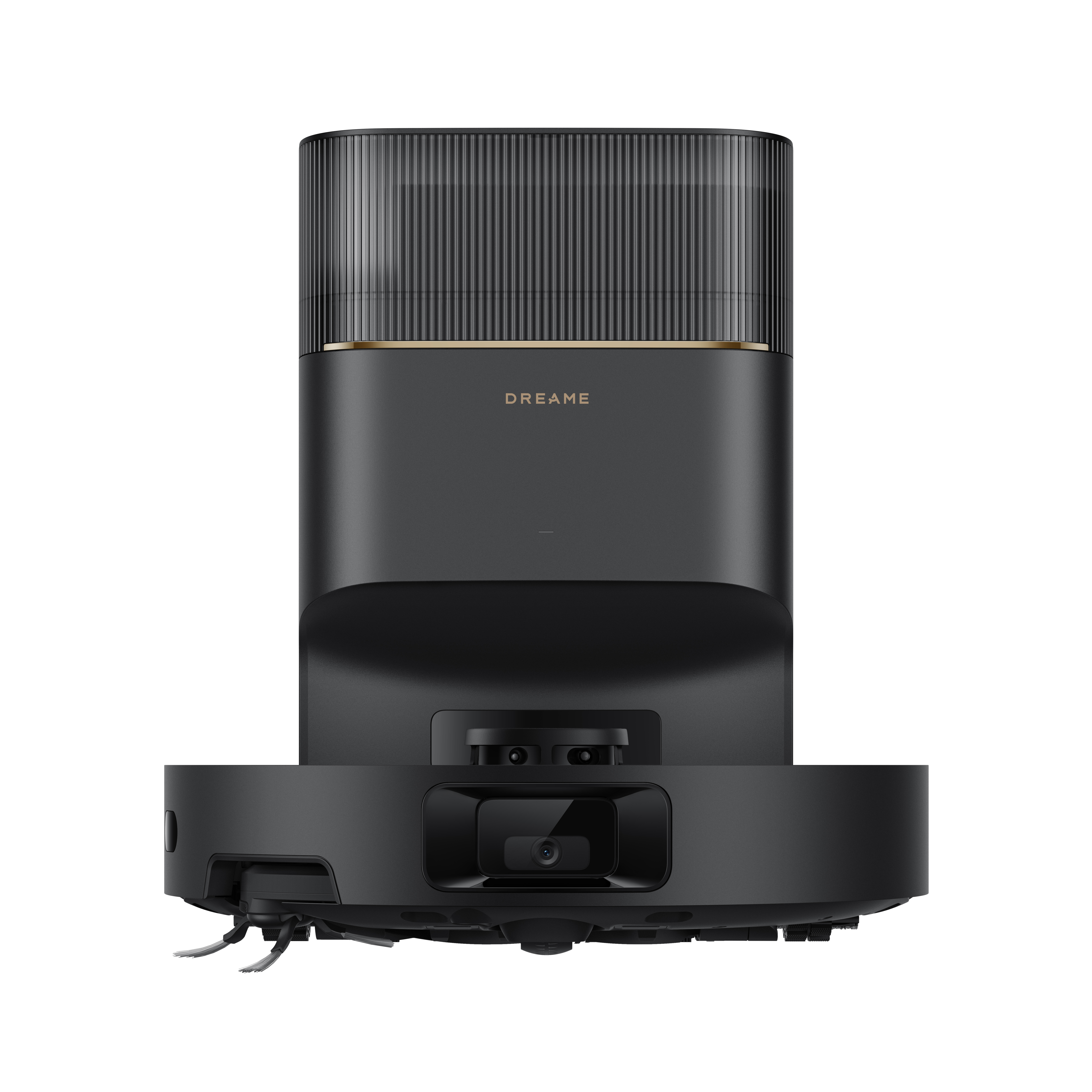 Czarny robot odkurzający Dreame na białym tle. Ma czarny korpus i górę z nazwą marki.