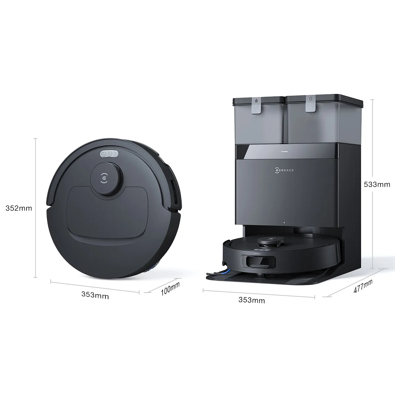 Ein schwarzer Roboterstaubsauger und seine Dockingstation werden angezeigt. Abmessungen sind angegeben: 353mm, 352mm, 100mm, 533mm und 477mm.