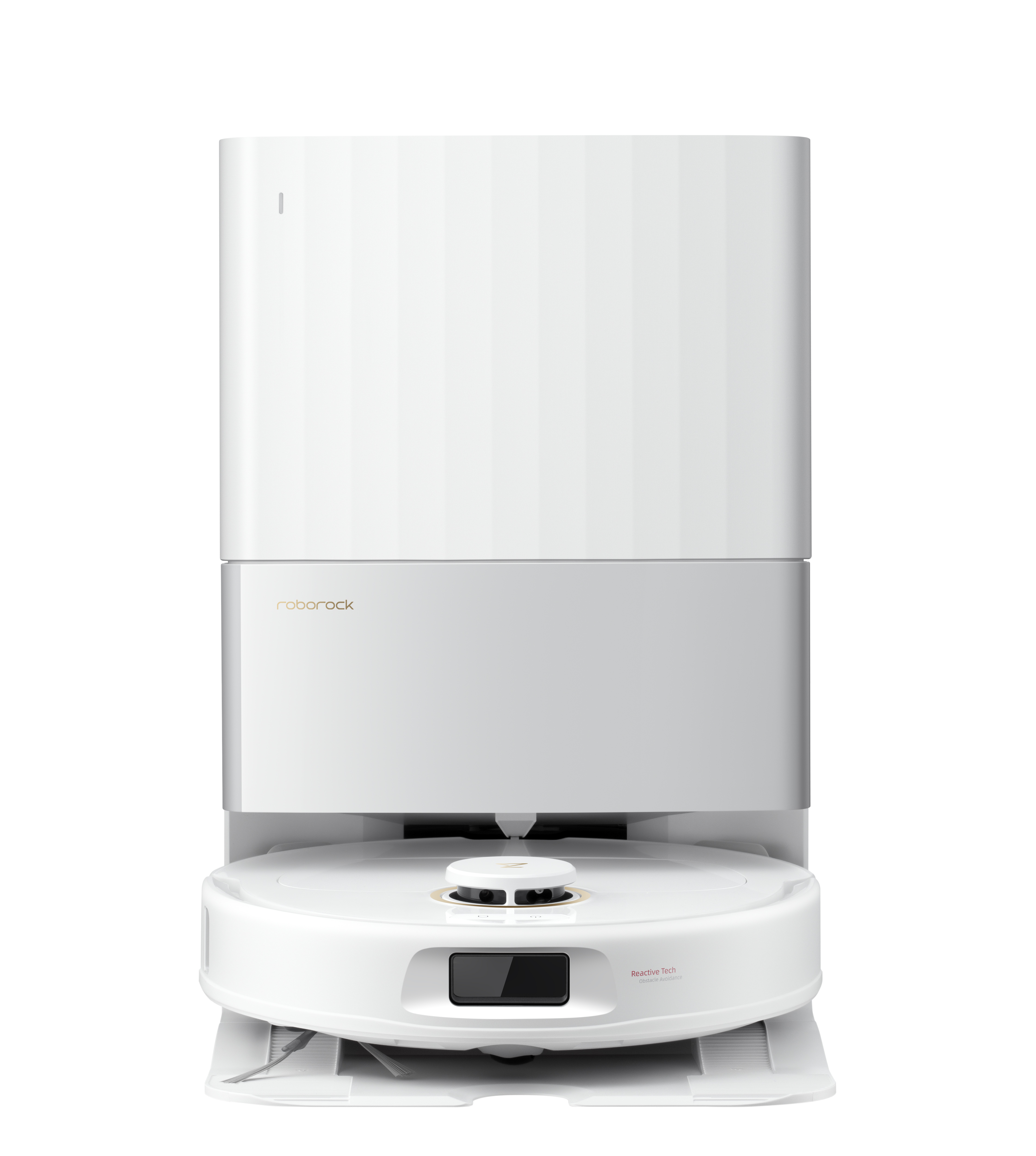 Biały odkurzacz robot Roborock. Ma prostokątną górną część, szarą środkową część i okrągłą podstawę.