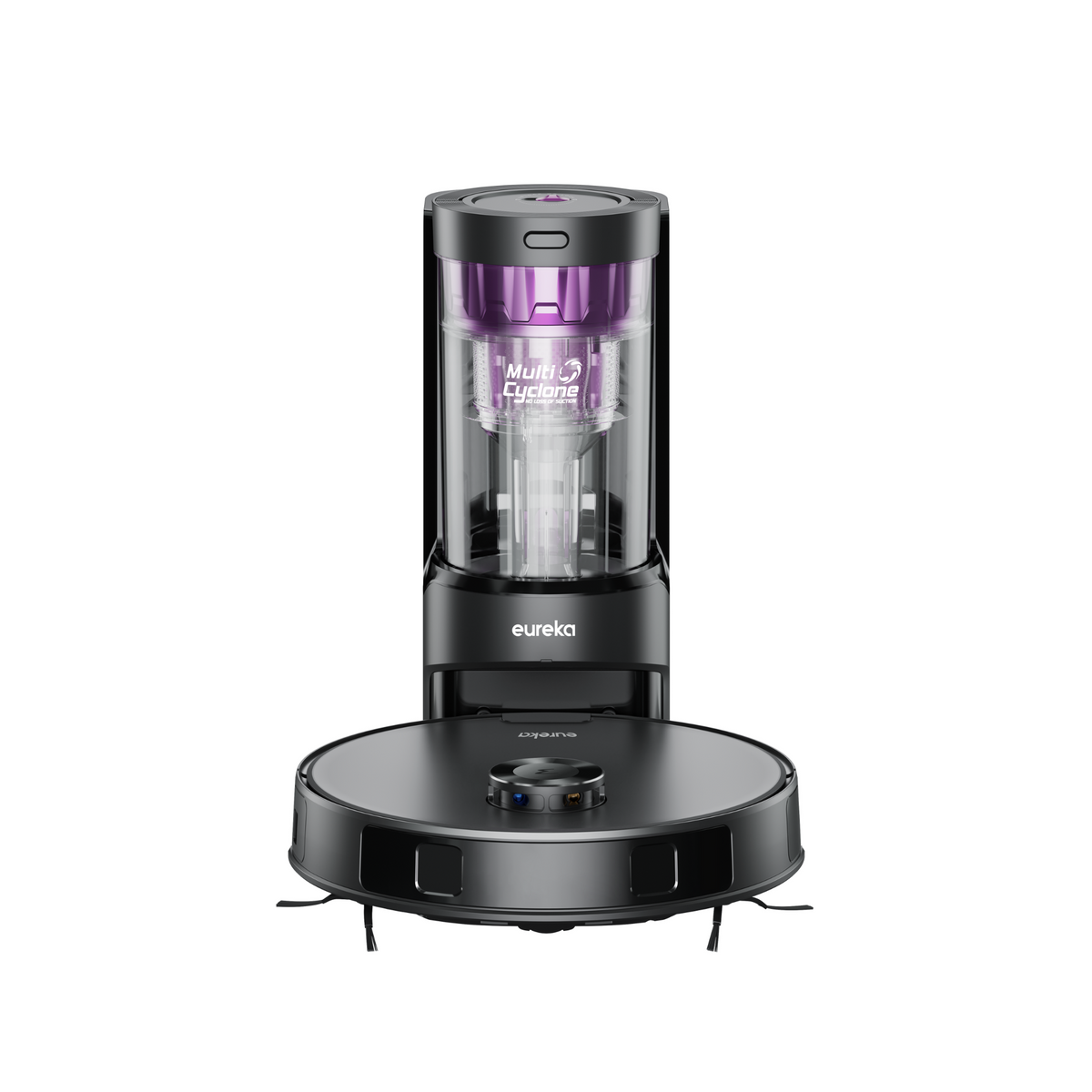 Czarny robot sprzątający Eureka z fioletowym i przezroczystym pojemnikiem na kurz. Odkurzacz ma okrągłą podstawę i jest na białym tle.
