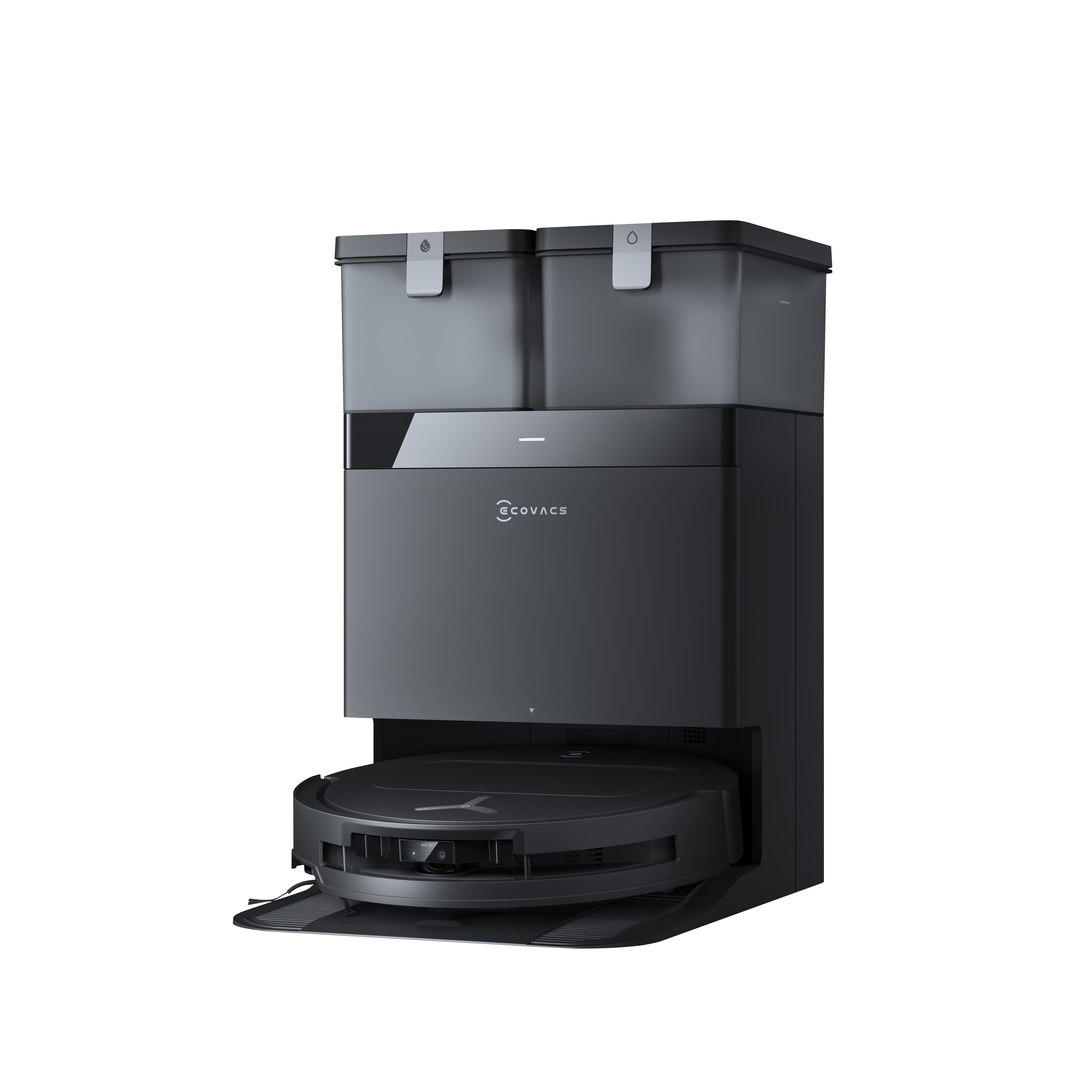 Eine schwarze Ecovacs Roboter-Staubsauger- und Wischstation. Es hat einen Reinigungsroboter unten und ein Dual-Bin-System oben.