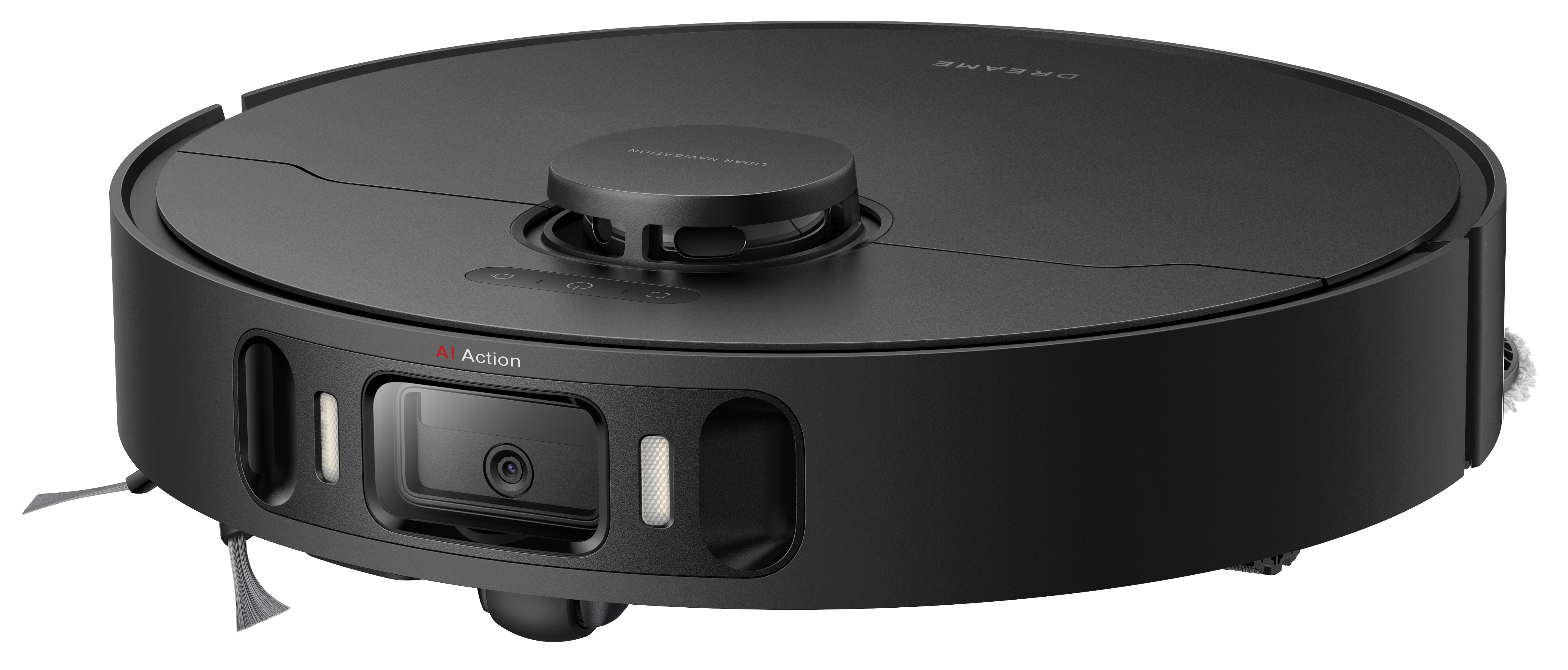 Czarny robot odkurzający o okrągłym kształcie. Posiada centralny czujnik, kamerę i szczotki. Widoczna jest nazwa marki 'DREAME'.