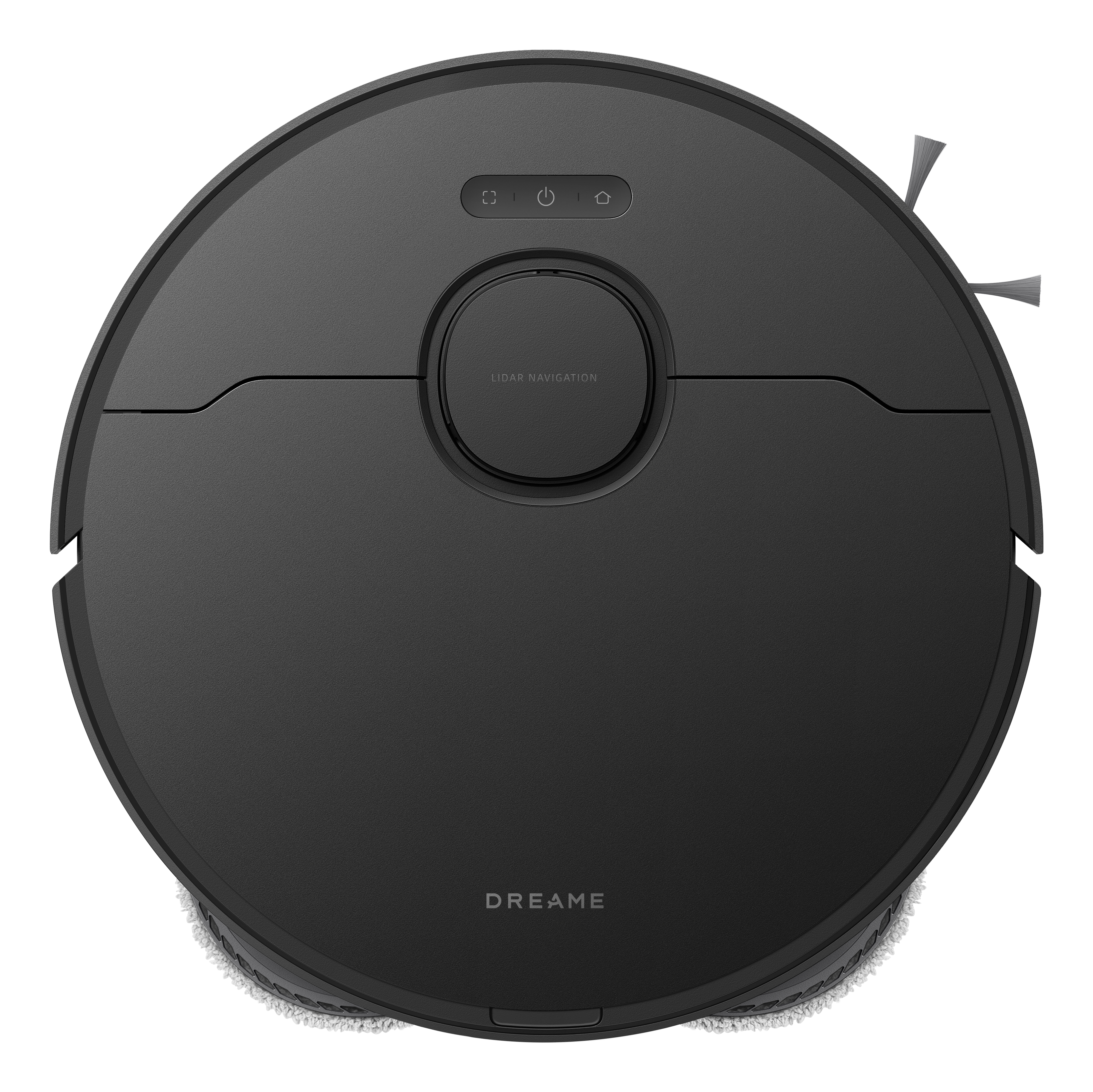 Widok z góry na czarny odkurzacz robot na białym tle. Posiada przyciski sterowania i markę Dreame.