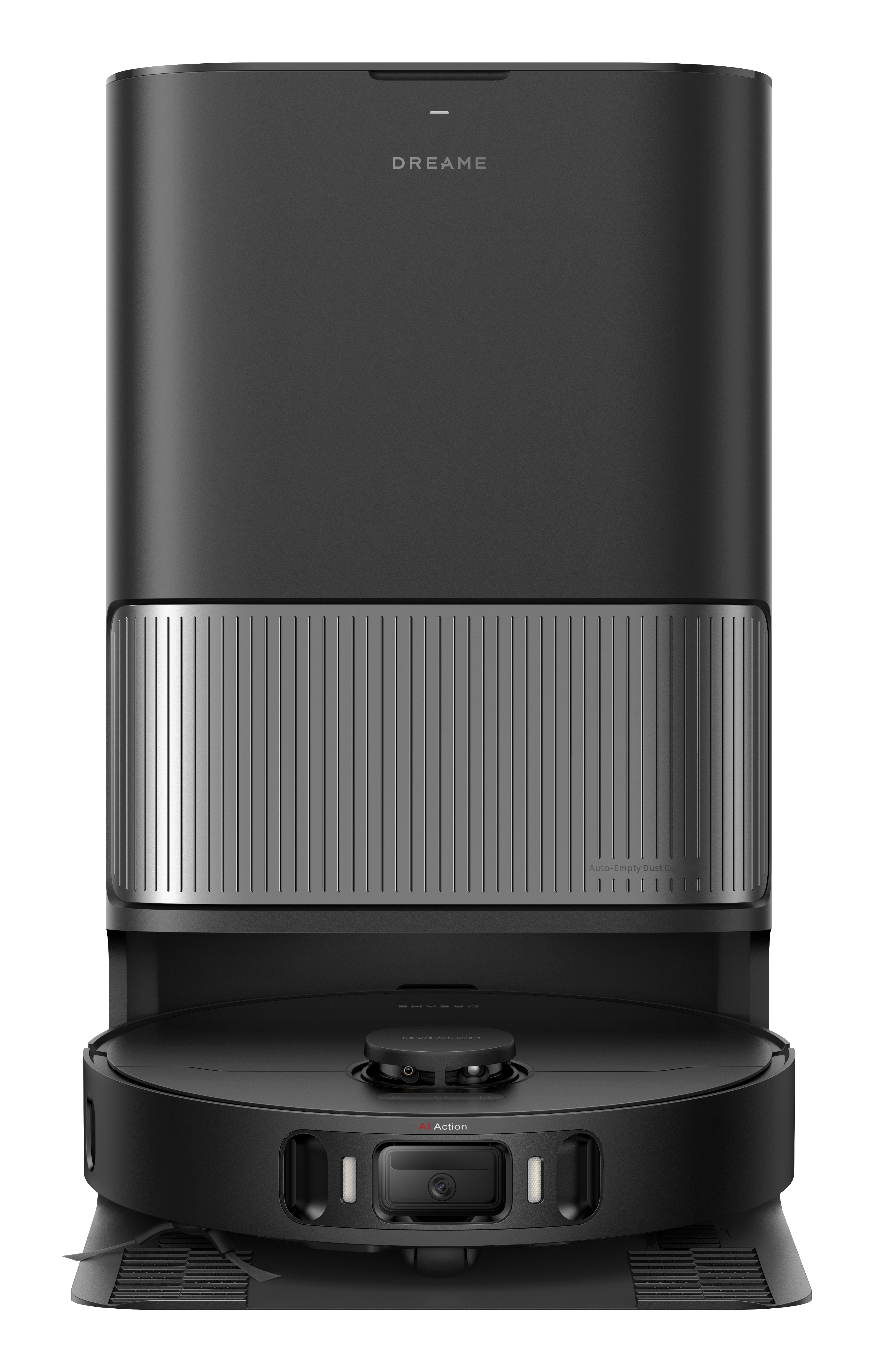 Czarny odkurzacz automatyczny. Ma czarną podstawę i wysoki czarny korpus z nazwą marki.