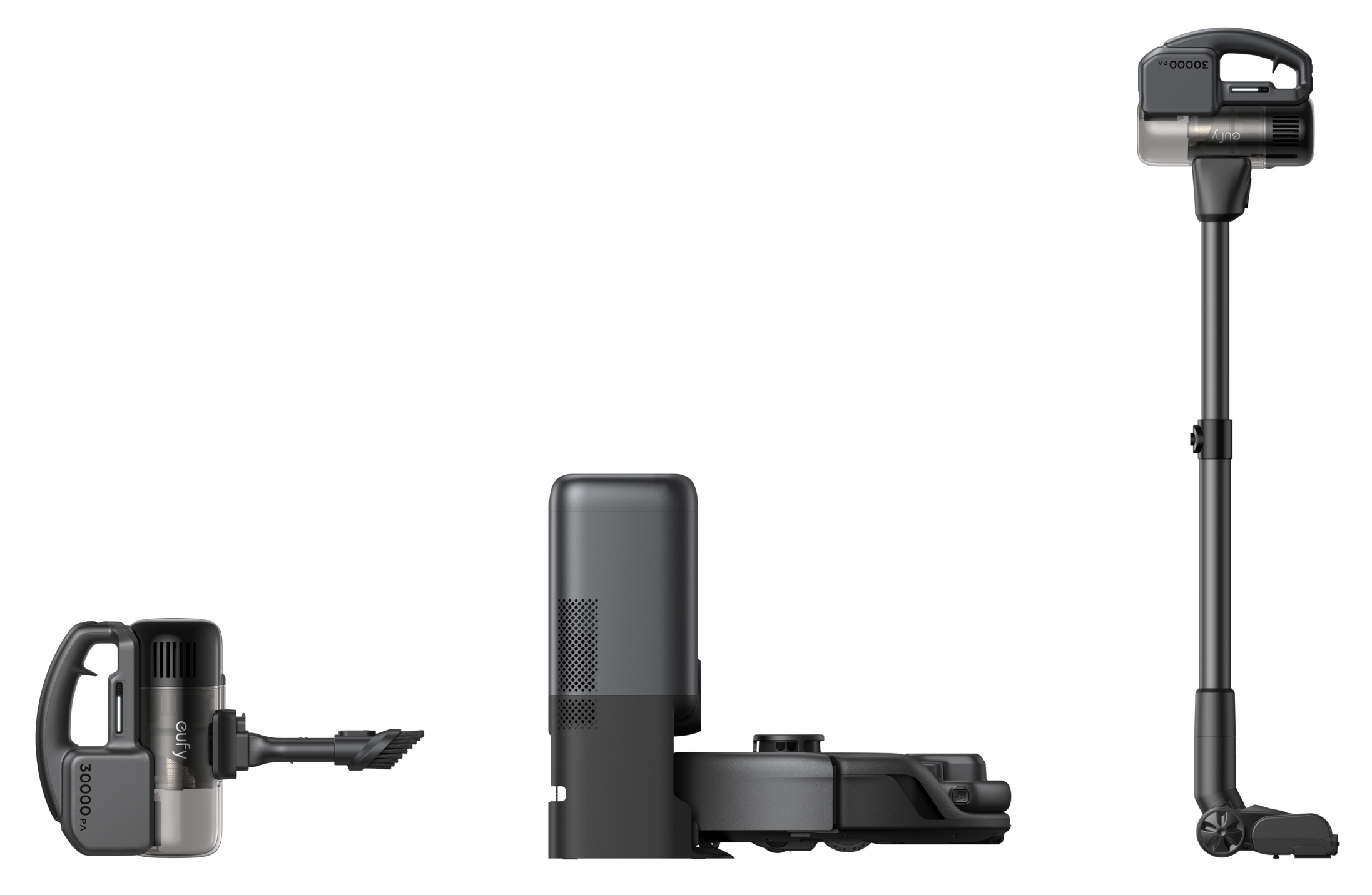Trzy widoki czarno-szarego odkurzacza Eufy. Zawiera konfiguracje ręczne, podstawowe i pionowe, wszystkie wyizolowane na białym tle.