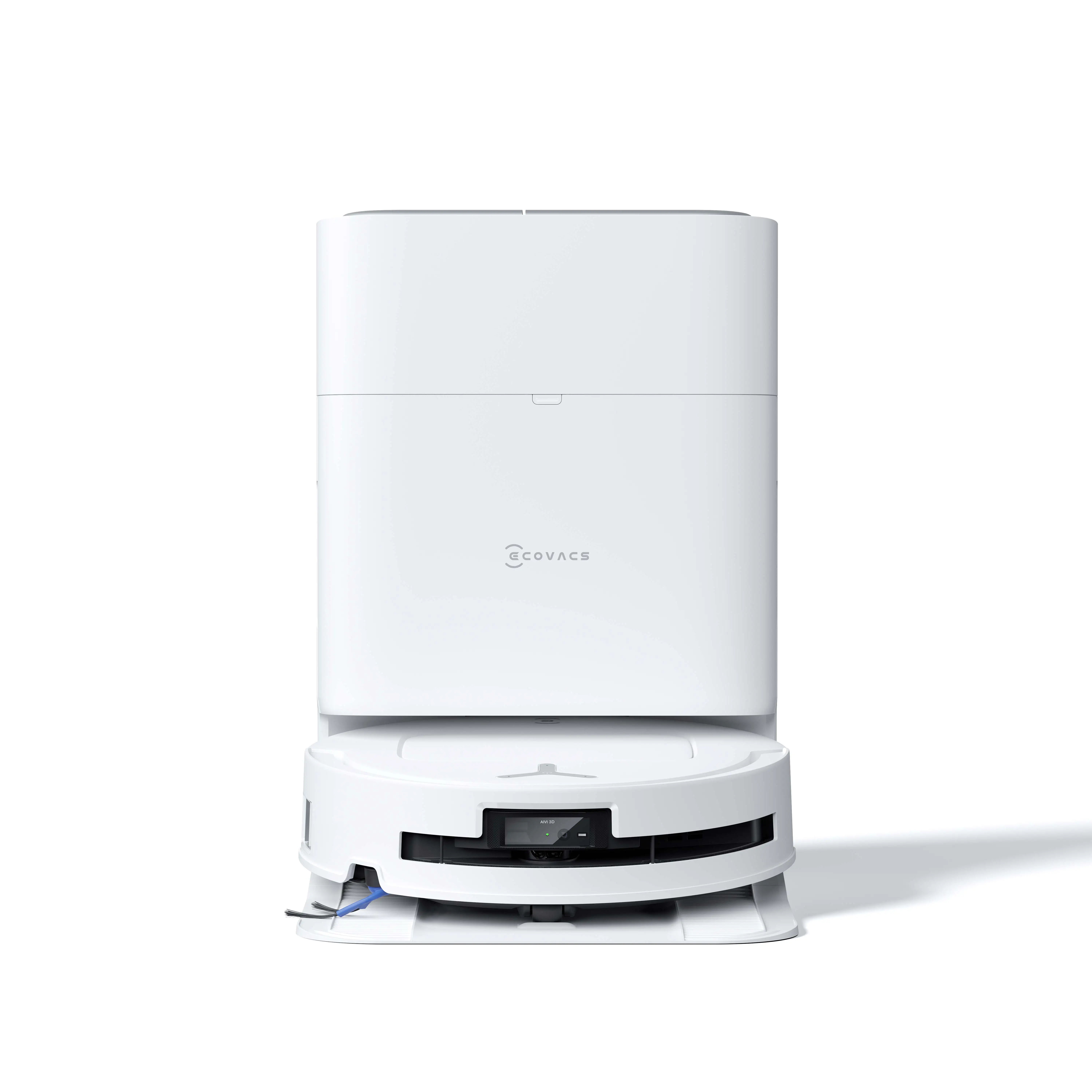 Beyaz bir Ecovacs robot süpürge. Uzun, dikdörtgen bir üst kısma ve dairesel bir alt kısma sahiptir. Beyaz bir taban üzerinde duruyor.
