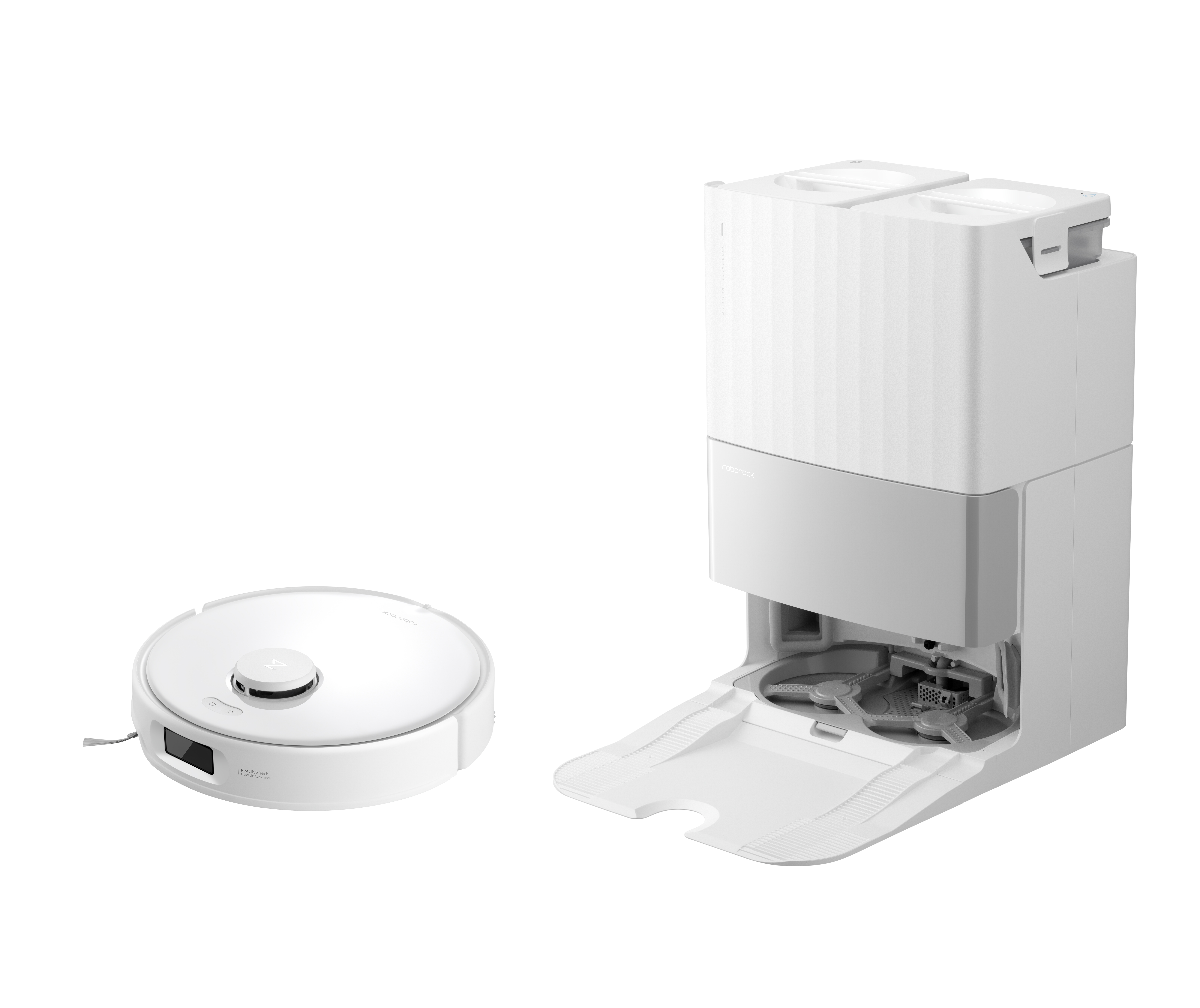 A white robot vacuum cleaner and charging dock. The dock is tall with two compartments. Clean, modern design.
