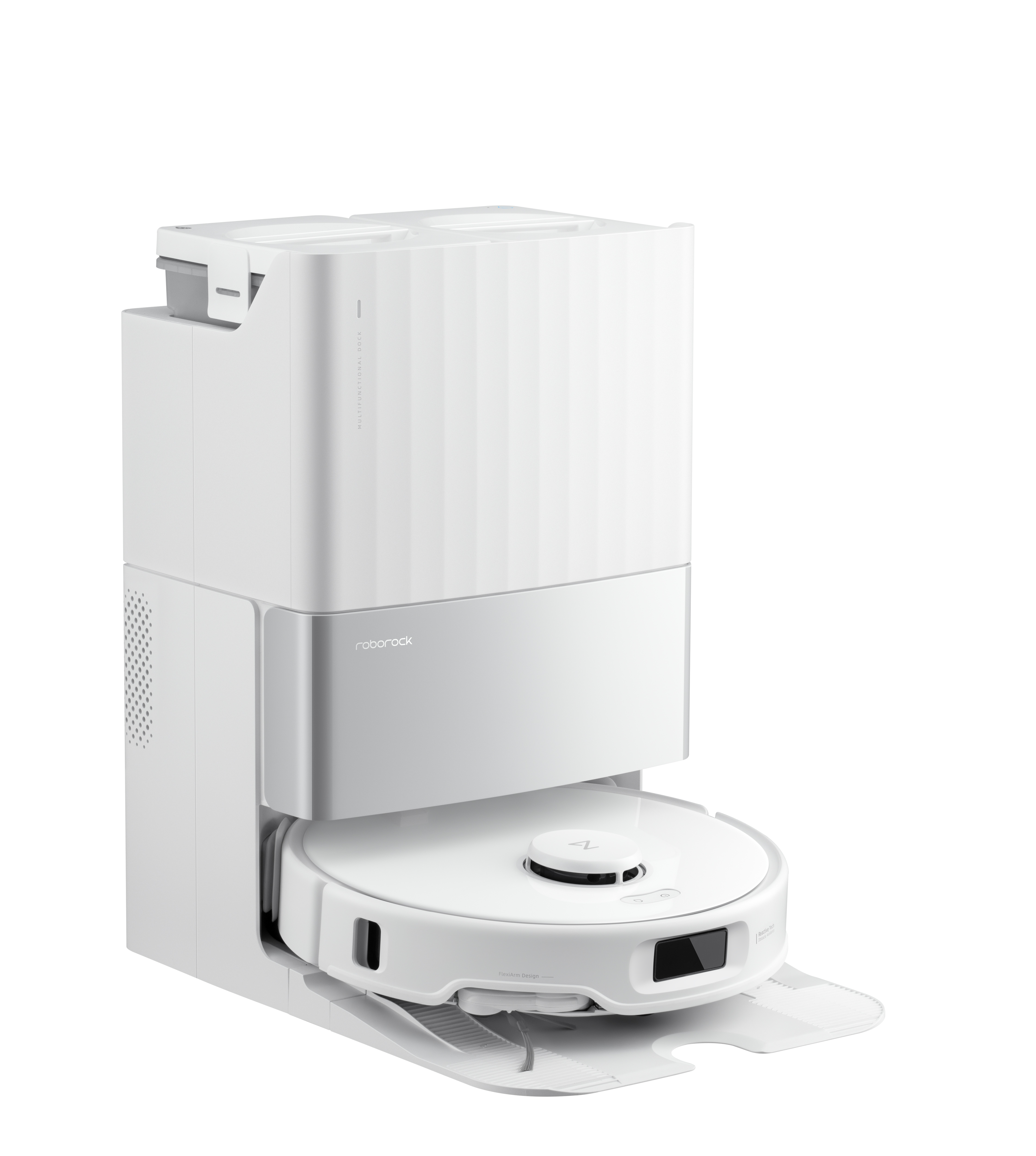 A white Roborock robot vacuum cleaner and its base station. The vacuum is docked, ready for use, in a clean environment.
