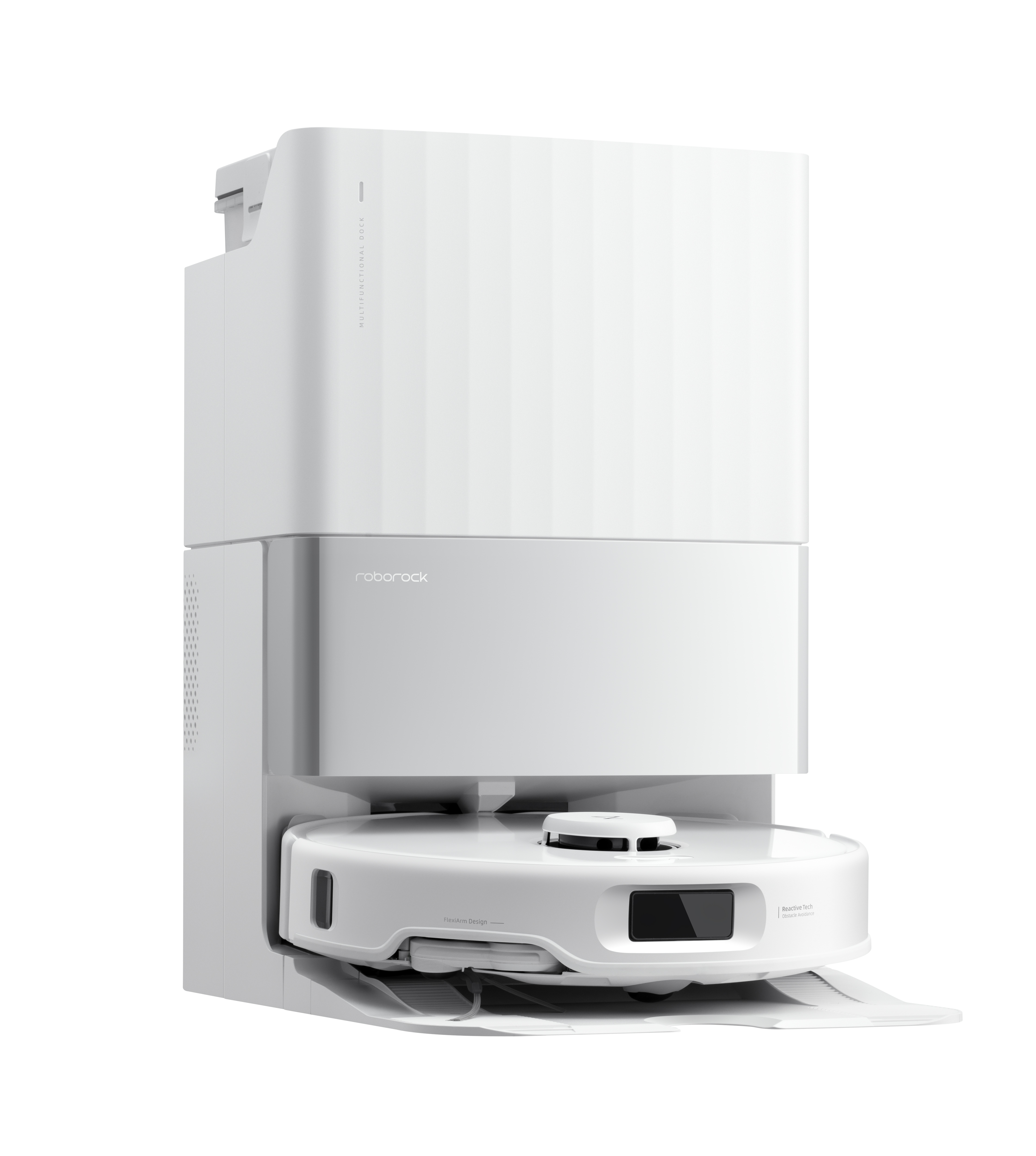 White robot vacuum cleaner with a docking station. The vacuum cleaner is on the base of the station.