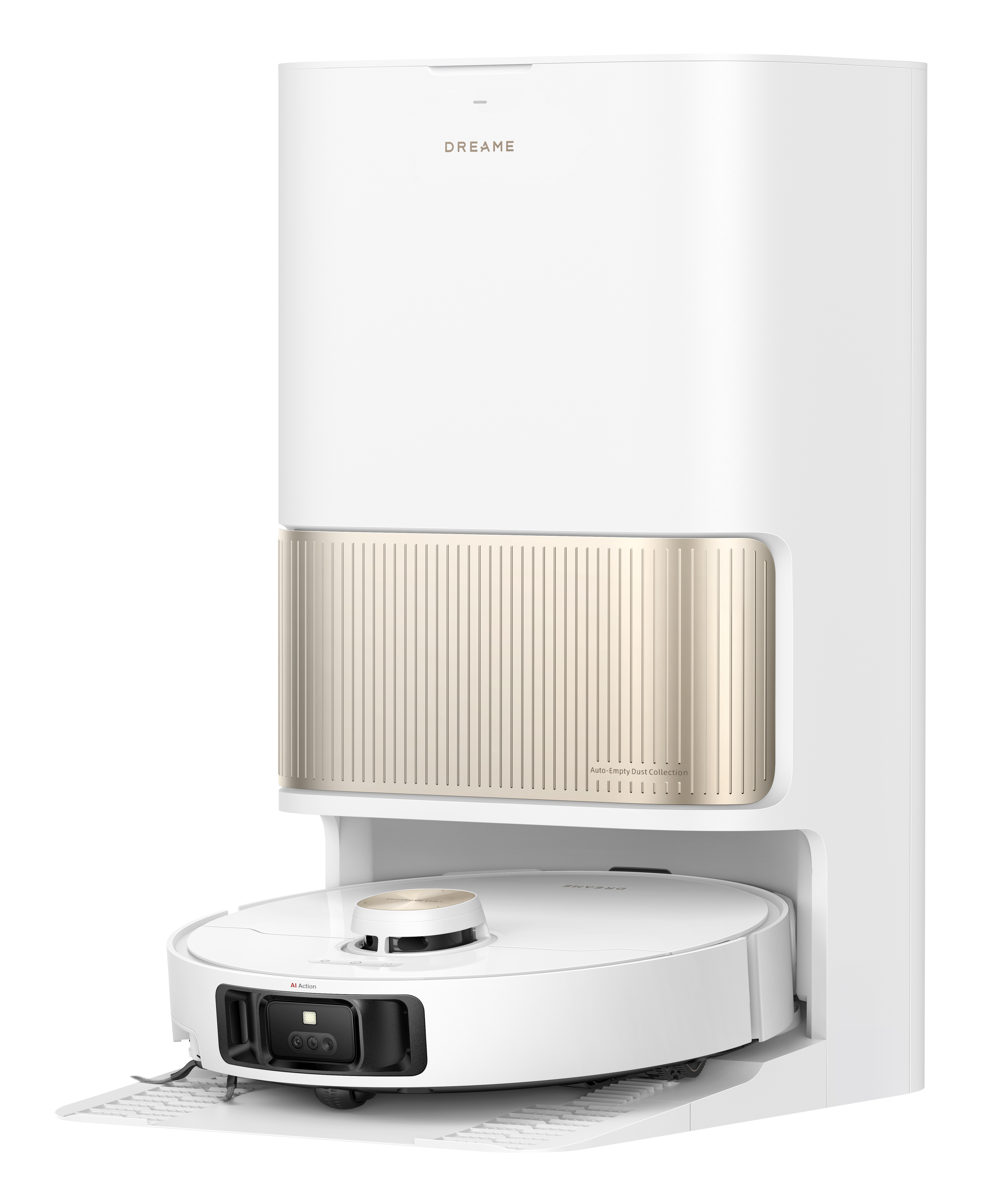 Biały robot sprzątający Dreame ze stacją ładującą. Ma złoty akcent i nazwę marki na górze.