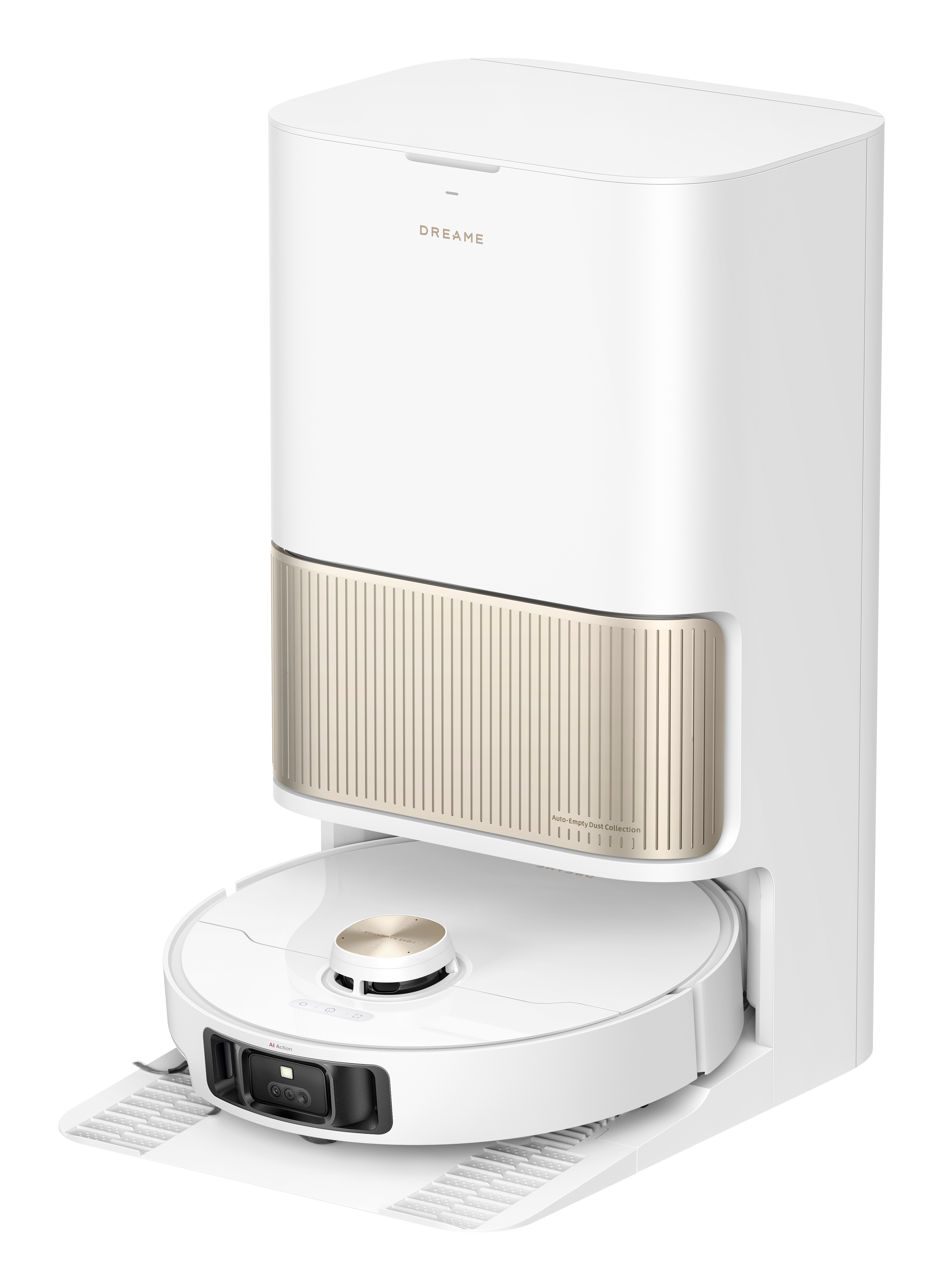 Biały odkurzacz robot stoi w stacji ładującej. Stacja i odkurzacz są białe ze złotymi akcentami.