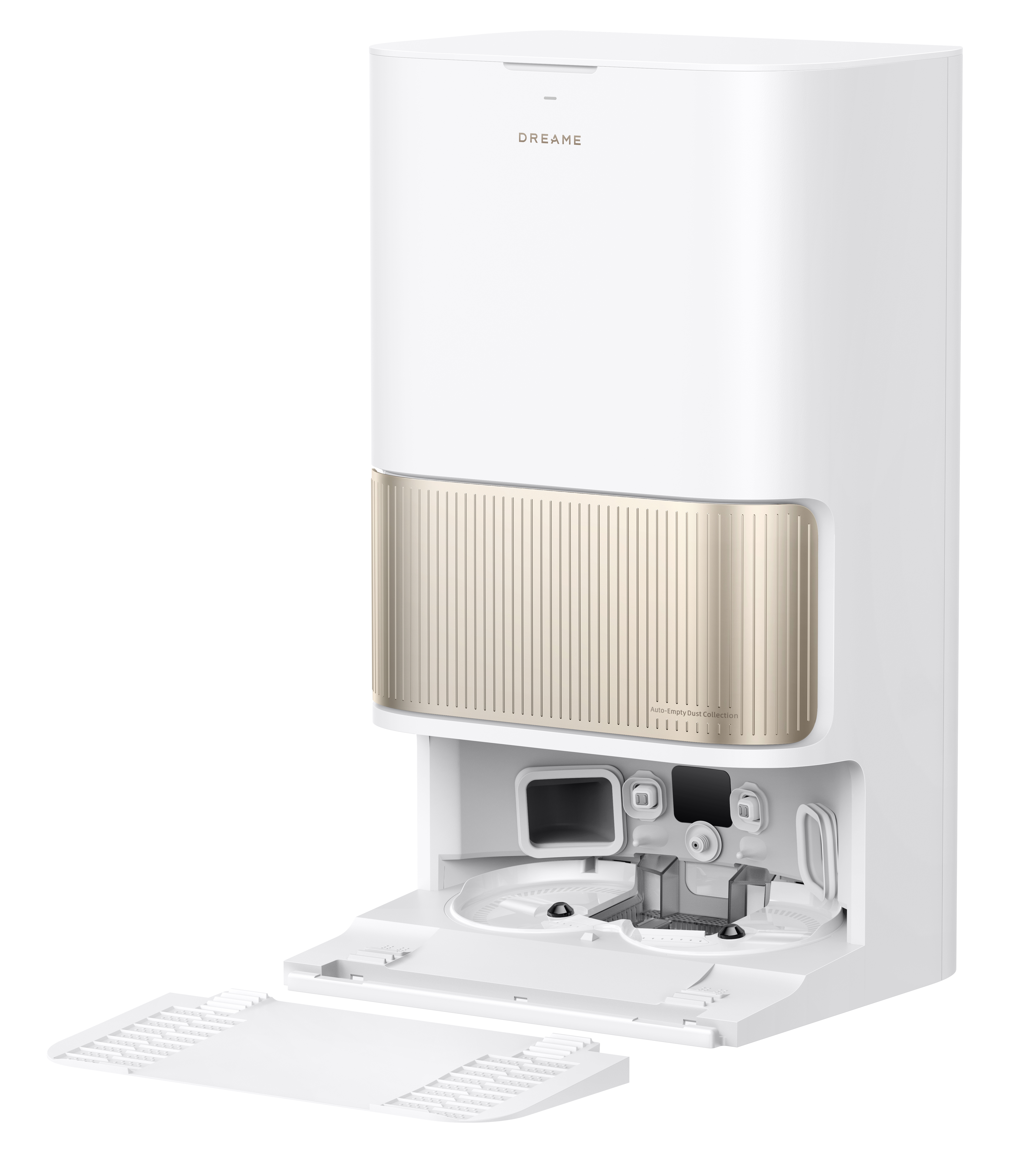 Biała stacja odkurzacza automatycznego Dreame. Posiada złotą sekcję z pionowymi liniami. Części są otwarte.