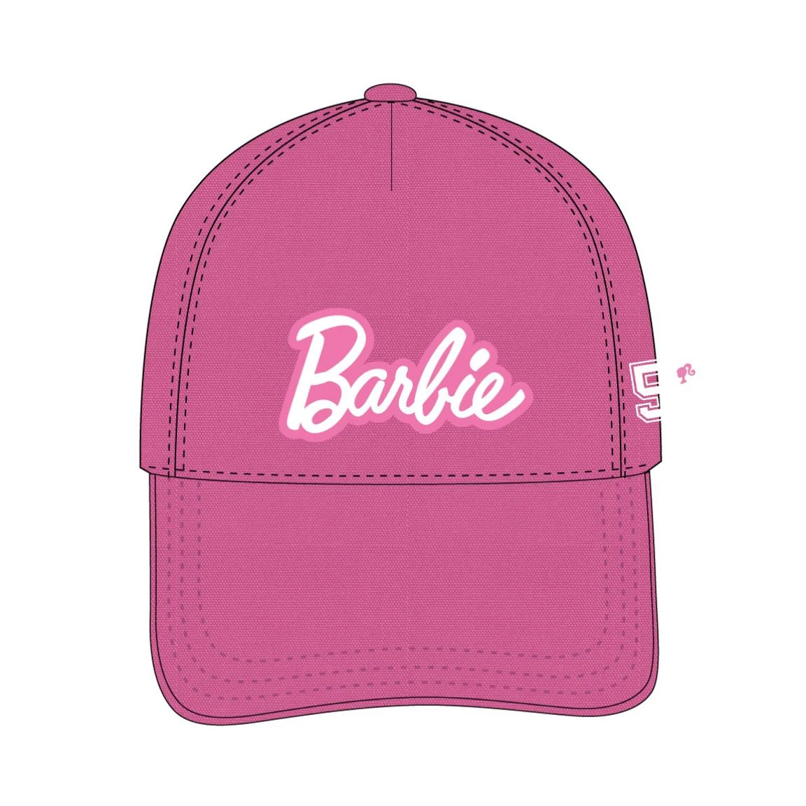 Una gorra de béisbol rosa Barbie, con la palabra 'Barbie' en escritura blanca. La gorra tiene una visera curva y un pequeño logo al lado.