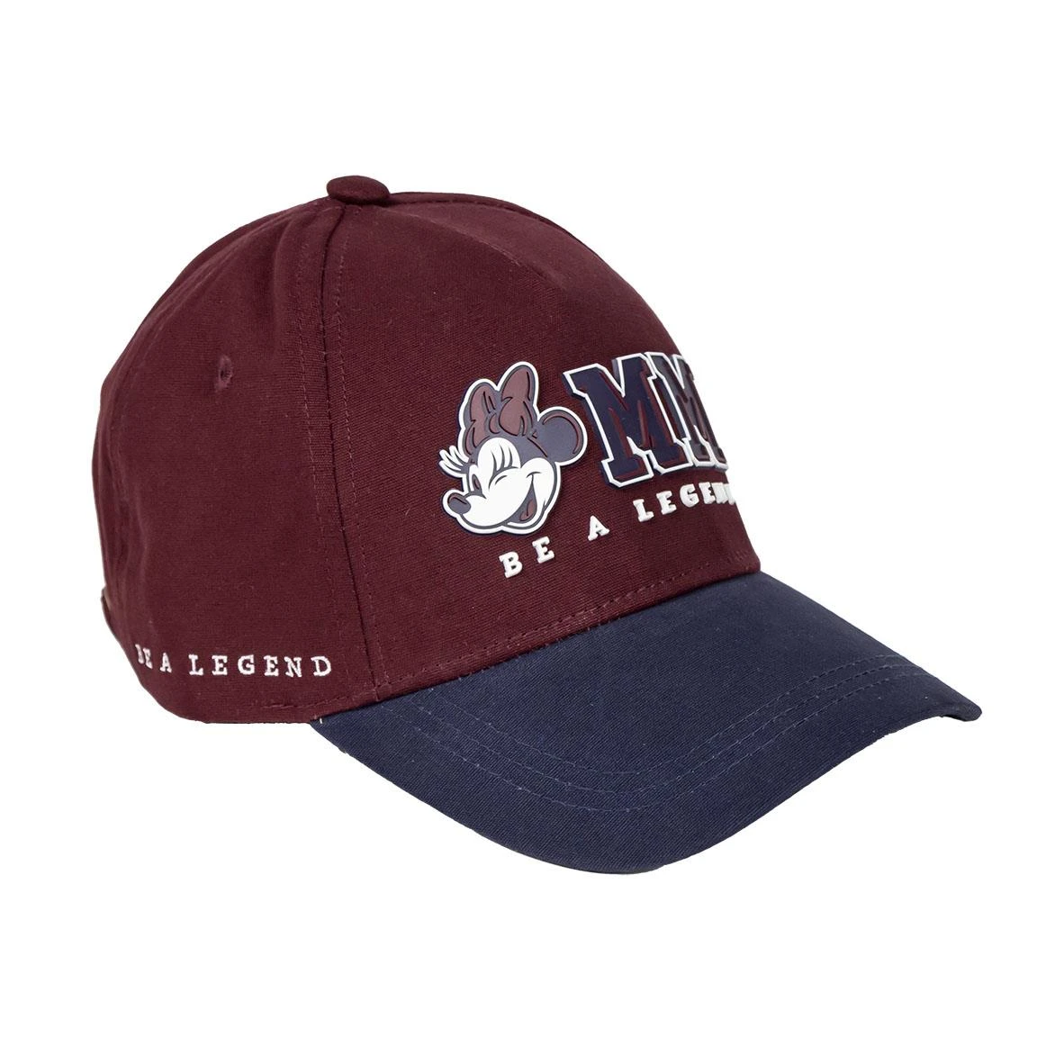 Una gorra de béisbol burdeos y azul marino. Minnie Mouse está al frente con las palabras "BE A LEGEND". La visera es azul marino.