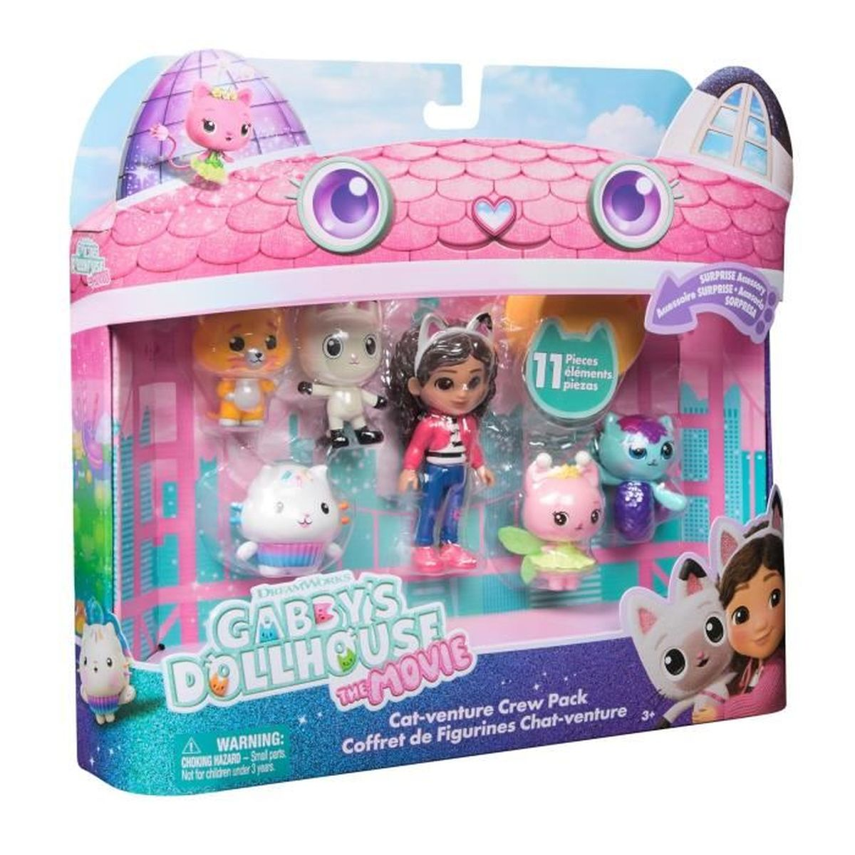 Ein Gabby's Dollhouse-Film-Spielzeugset. Es zeigt Katzenfiguren und Zubehör in einer rosa-blauen Verpackung.