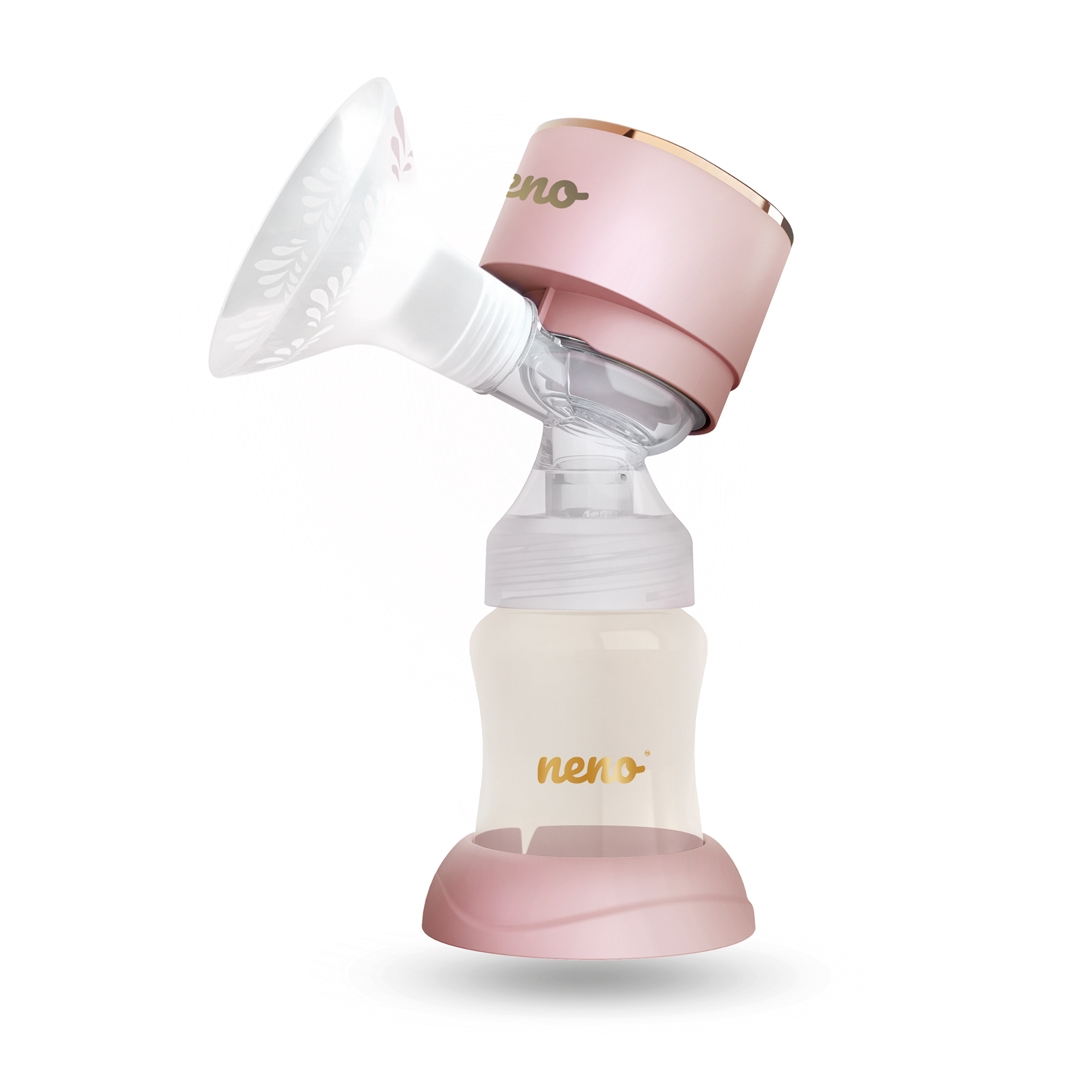 Eine rosa-goldene Brustpumpe mit einer Flasche. Auf der Pumpe steht das Wort "neno".
