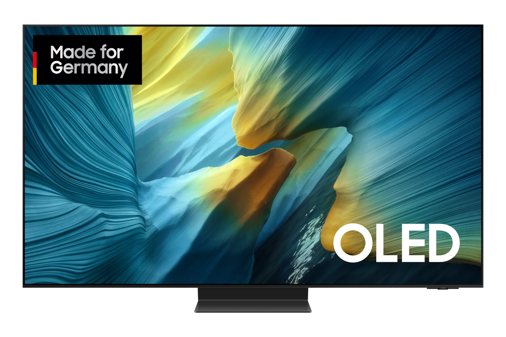 Czarny telewizor OLED z kolorowym, abstrakcyjnym tłem. Posiada etykietę "Made for Germany" i napis "OLED".