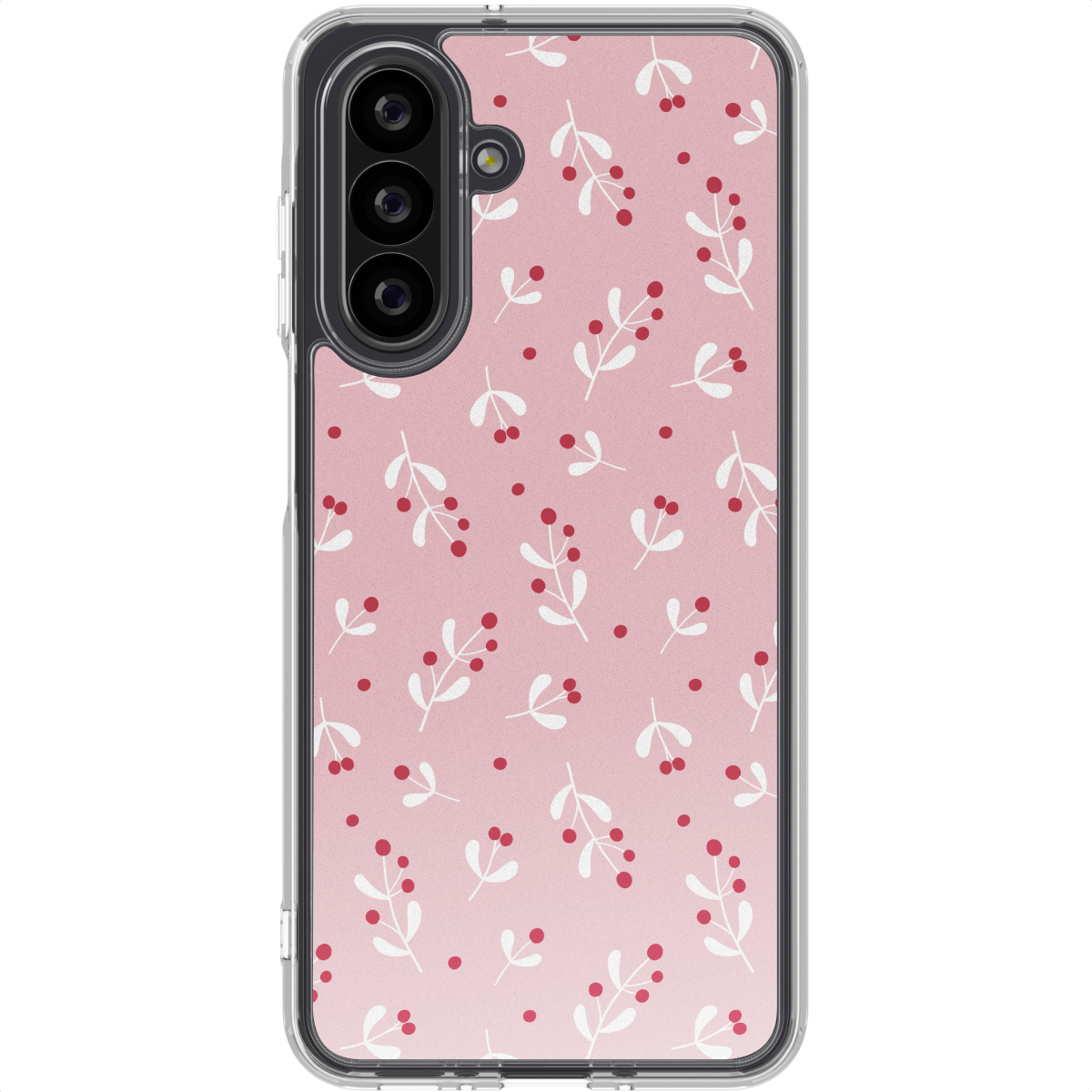 Een telefoonhoesje met een roze achtergrond en een patroon van witte bladeren en rode bessen. De telefoon heeft een doorzichtig hoesje.