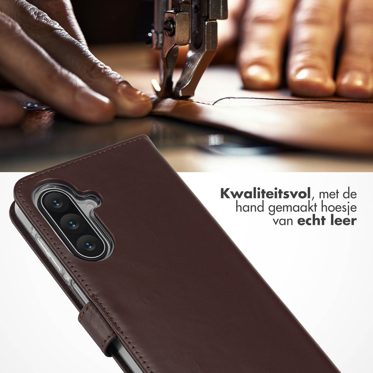 Étui de téléphone en cuir marron. Une main coud du cuir avec une machine à coudre. Texte : Étui artisanal de haute qualité en cuir véritable.