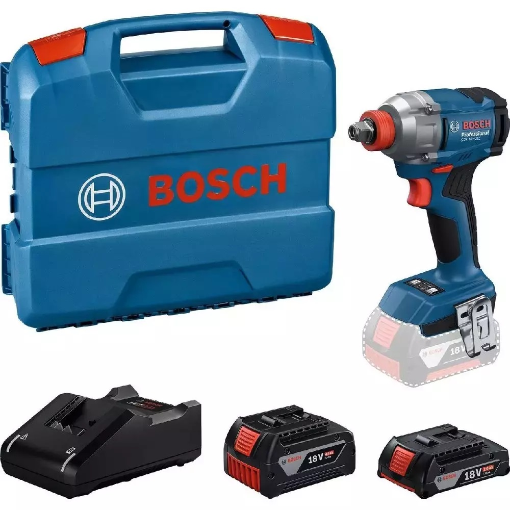 Mavi bir Bosch alet kutusu, bir matkap, bir şarj cihazı ve piller görüntüleniyor. Matkap, kırmızı detaylarla mavi ve siyahtır.