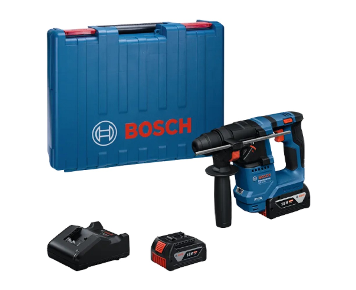 Bosch matkap, çanta, şarj cihazı ve pil ile. Matkap mavi ve siyah. Çanta ve logo mavi. Pil siyah ve kırmızı.