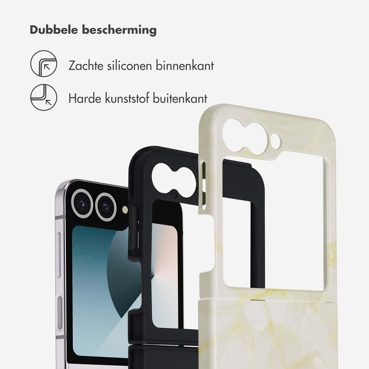 Drie telefoonhoesjes, zwart, marmer en een telefoon. Tekst: Dubbele bescherming, zachte siliconen binnenkant, hard plastic buitenkant.