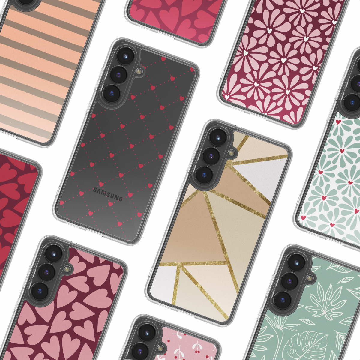 Diverse telefoonhoesjes met verschillende patronen en kleuren.